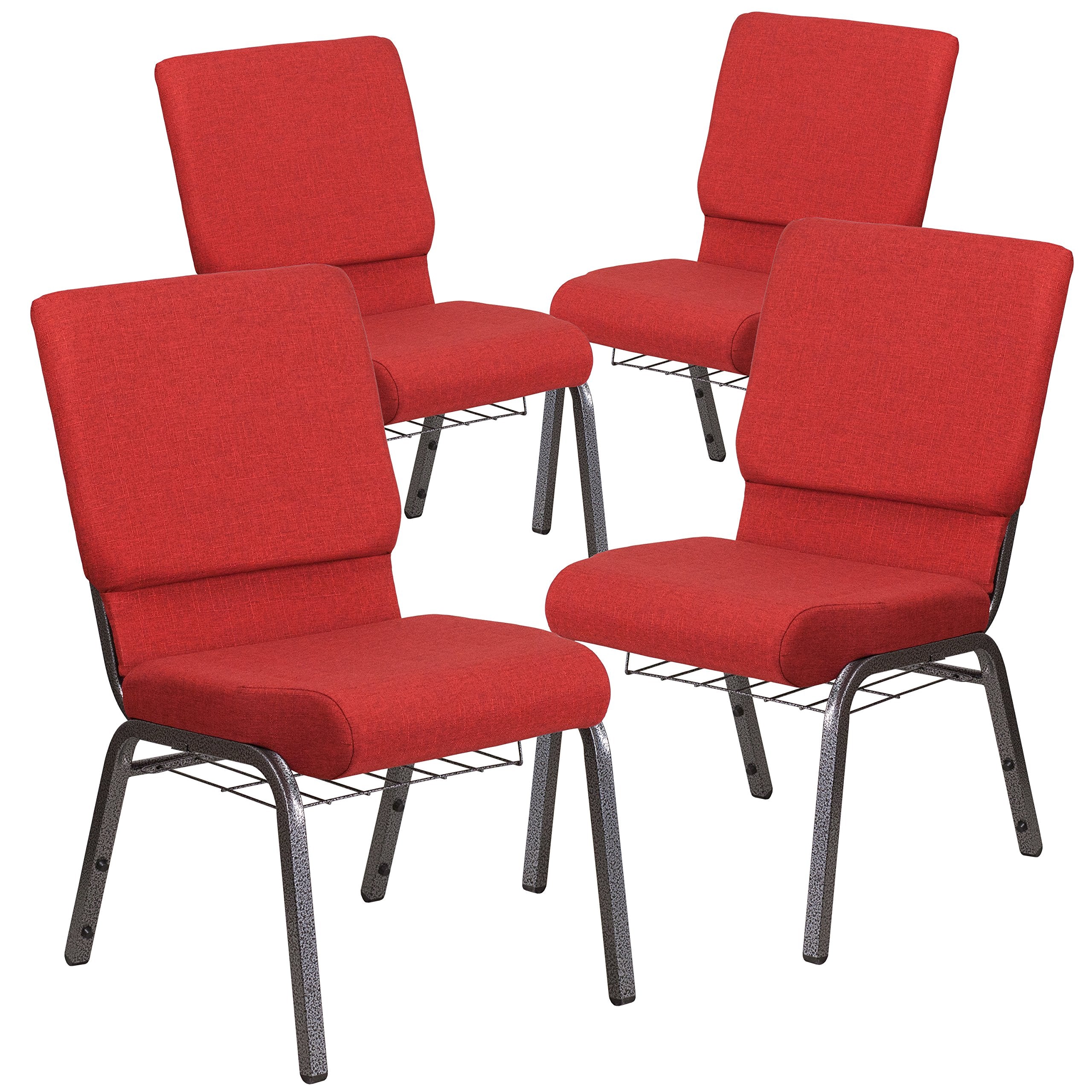 4 Pk. 18.5W Red Fabric Church Chair, Cup Book Rack - Silver Vein Frame