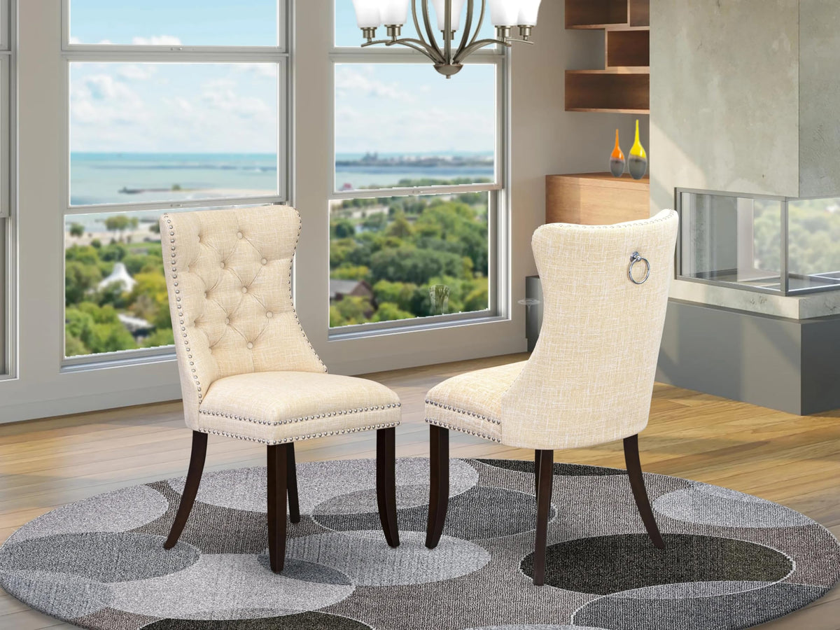 East West Furniture Dap3L32 Dallas Parsons Dining Chairs - Button Tufted Nailhead Light Beige Linen Fabric Upholstered Chairs, Set Of 2, Mahogany