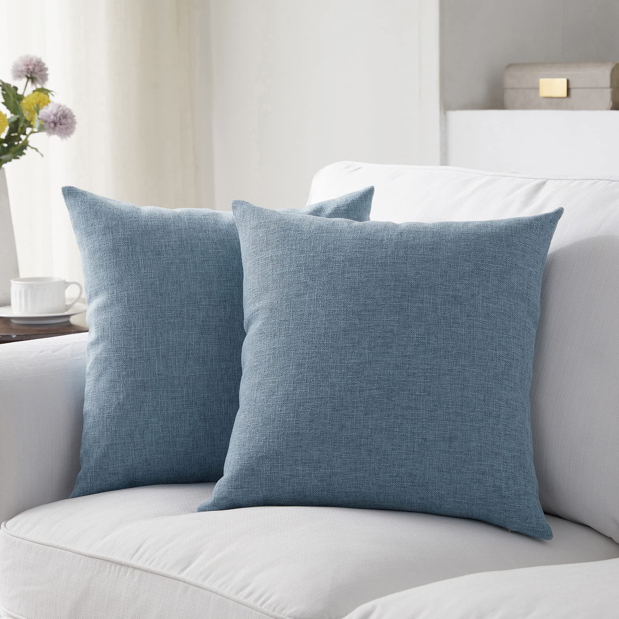 Meekio Set Of 2 Deep Grey Blue Pillow Covers 16 X 16 Inch Farmhouse Boho Decorative Throw Pillow Covers Linen Cushion Covers For Sofa Couch Décor