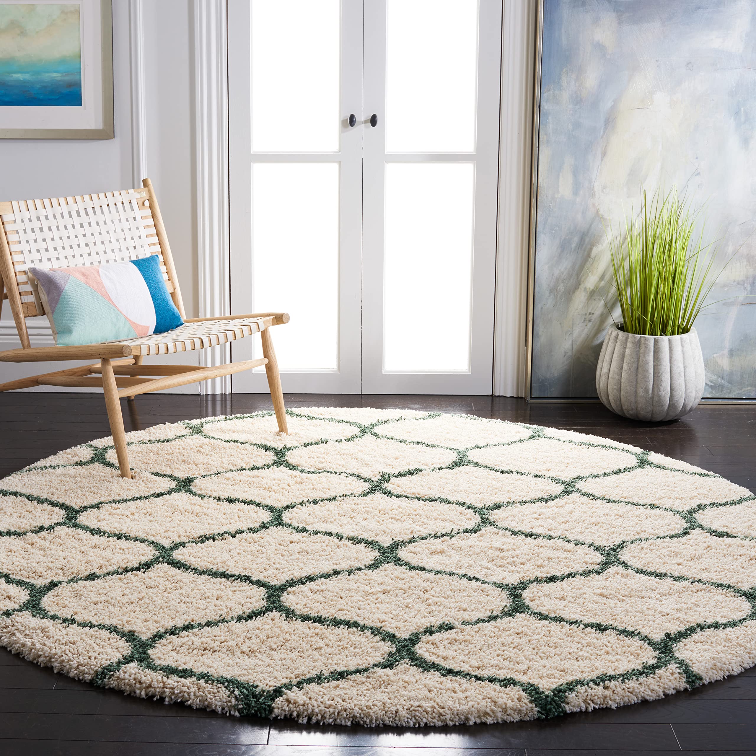 SAFAVIEH Hudson Shag Collection Area Rug - 7 Round, Ivory & Green, Modern Ogee Trellis Design, Non-Shedding & Easy Care, 2-inch