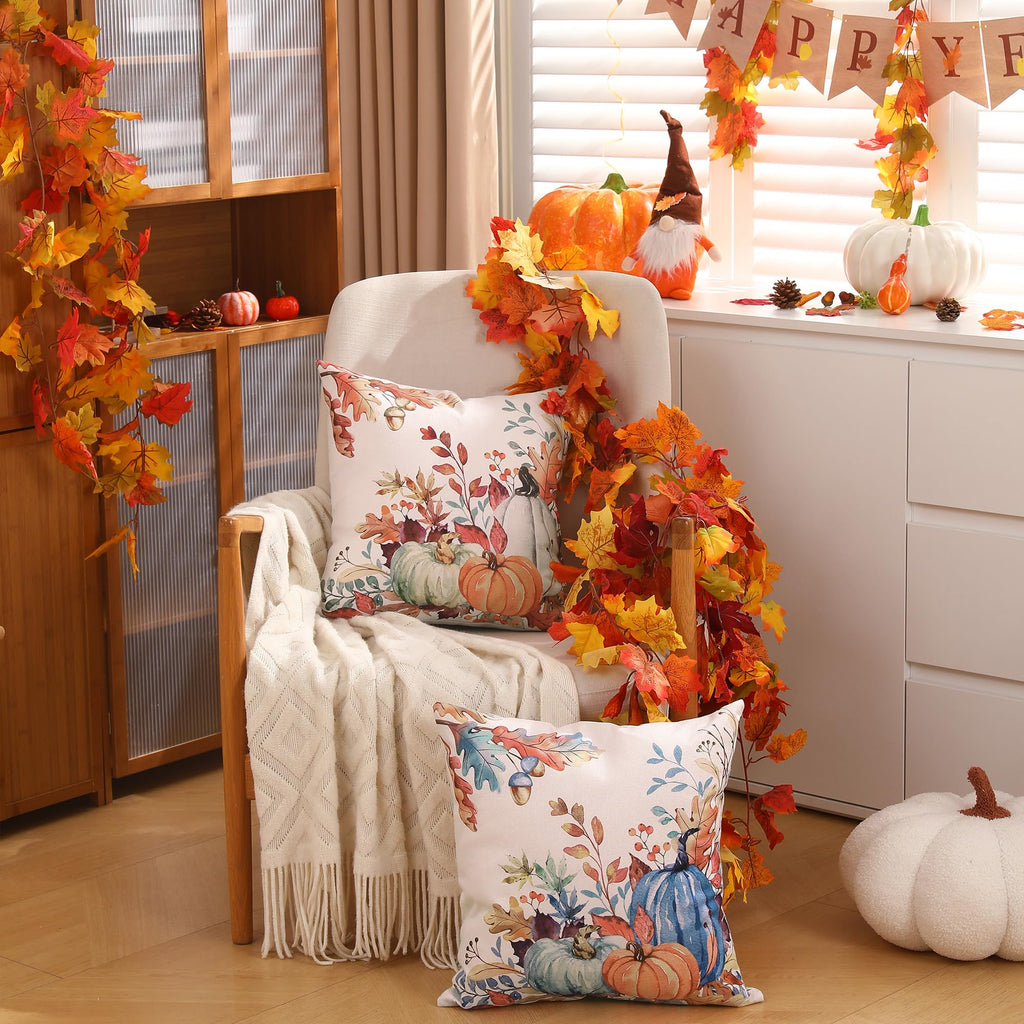 DFXSZ Fall Pillow Covers 20x20 inch Set of 2 Orange White Pumpkin Leaves Outdoor Throw Pillows for Home Couch Autumn Decoration TH27-A20