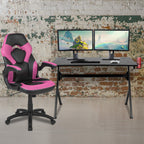 Flash Furniture Optis Black Gaming Desk and Pink/Black Racing Chair Set with Cup Holder, Headphone Hook & 2 Wire Management Holes