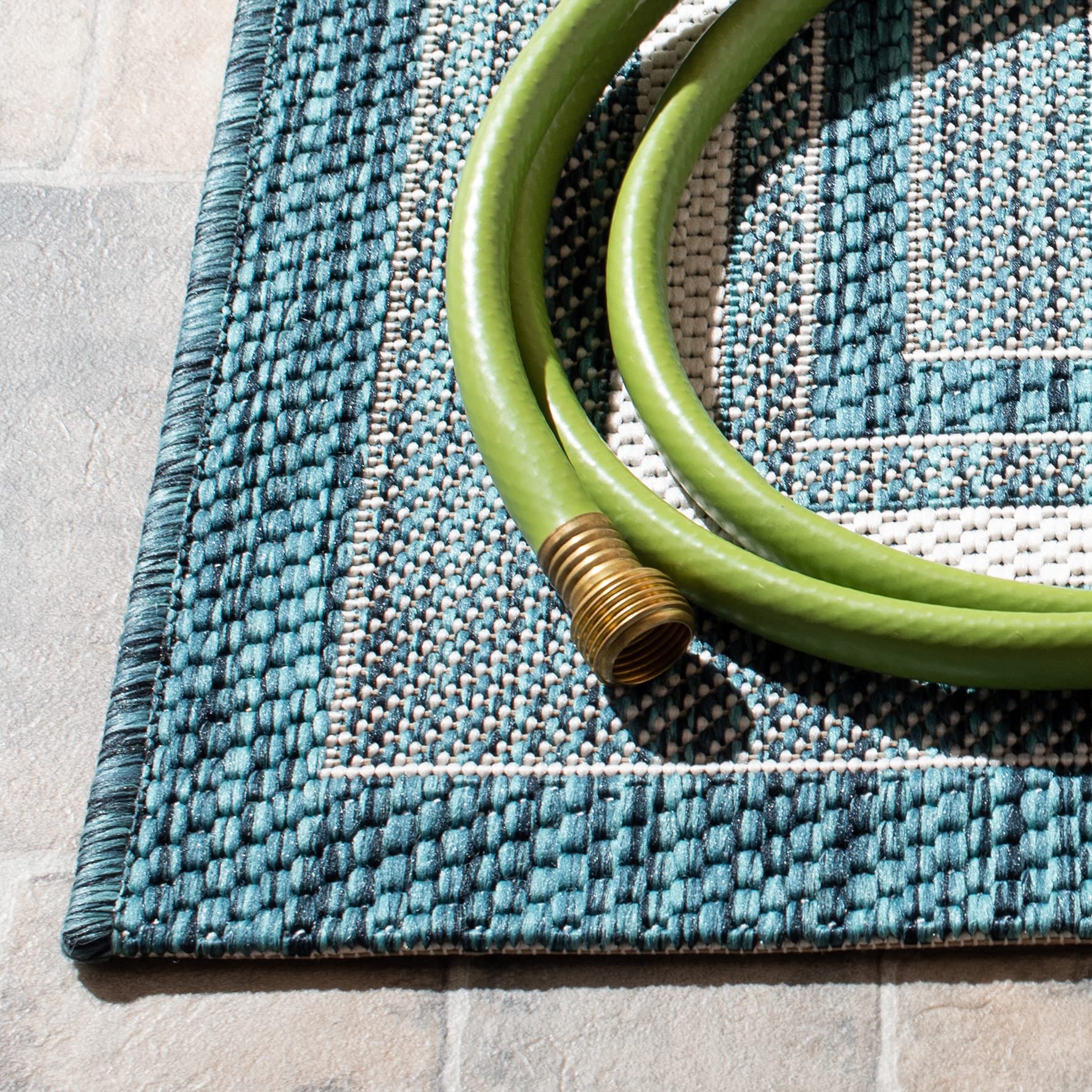 Safavieh Courtyard Collection 4' X 5'7' Ivory / Teal Cy8475 Indoor/ Outdoor Patio Backyard Mudroom Accent Rug