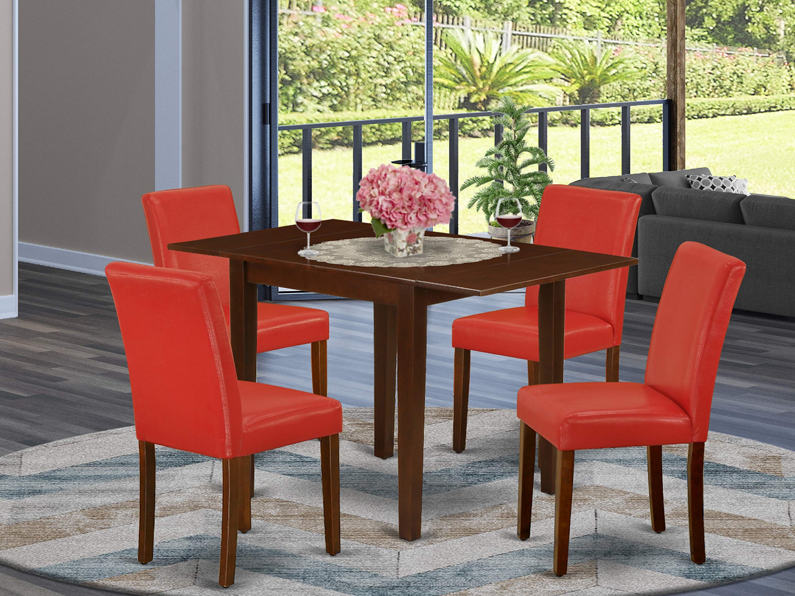 East West Furniture 1NDAB5-MAH-72 5 Piece Dining Set Includes a Rectangle Kitchen Table with Dropleaf and 4 FireBrick Red Faux Leather Upholstered Chairs, 30x48 Inch