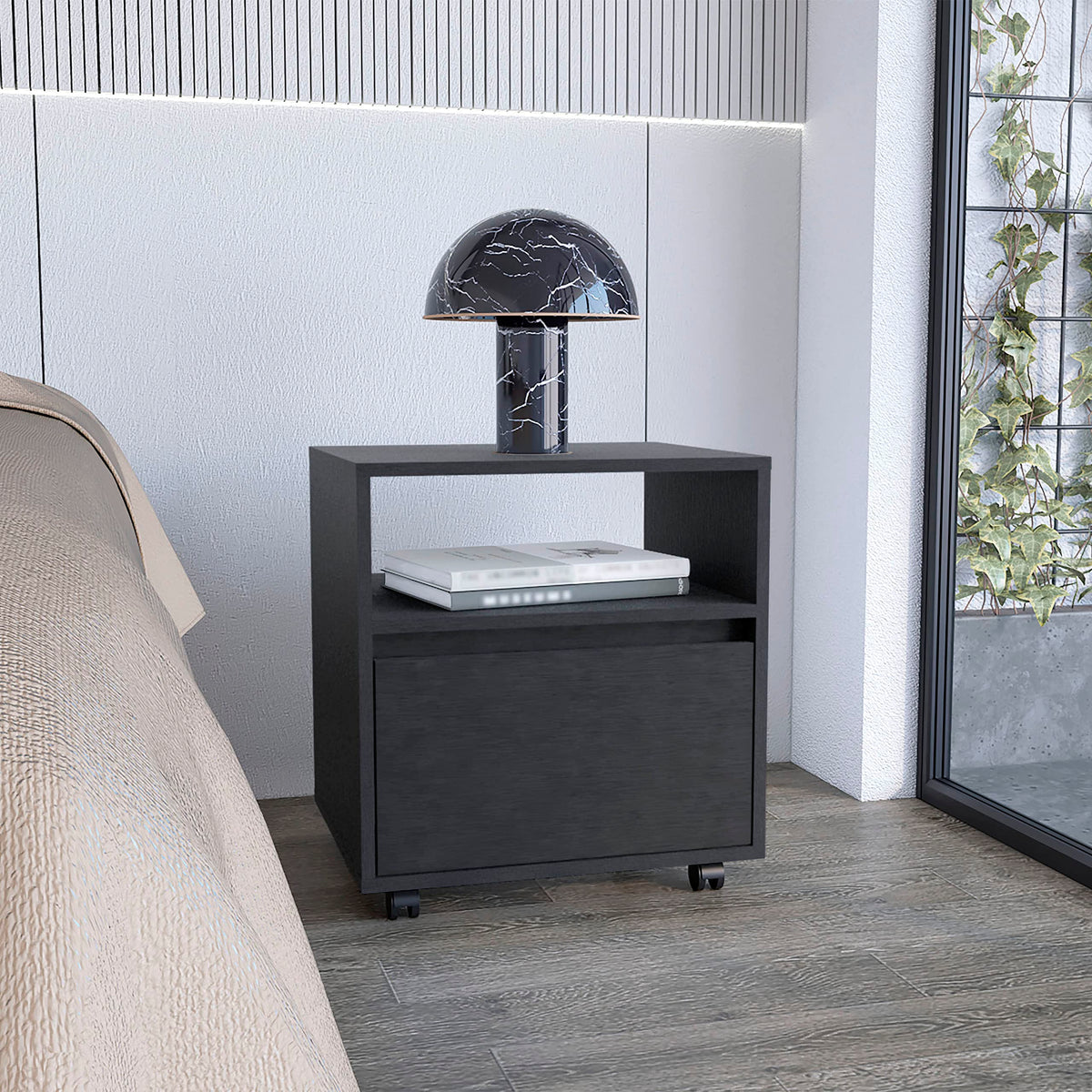 Nightstand 20&quot; H, with 1 Open Shelf, 1 Drawer and Casters, Black