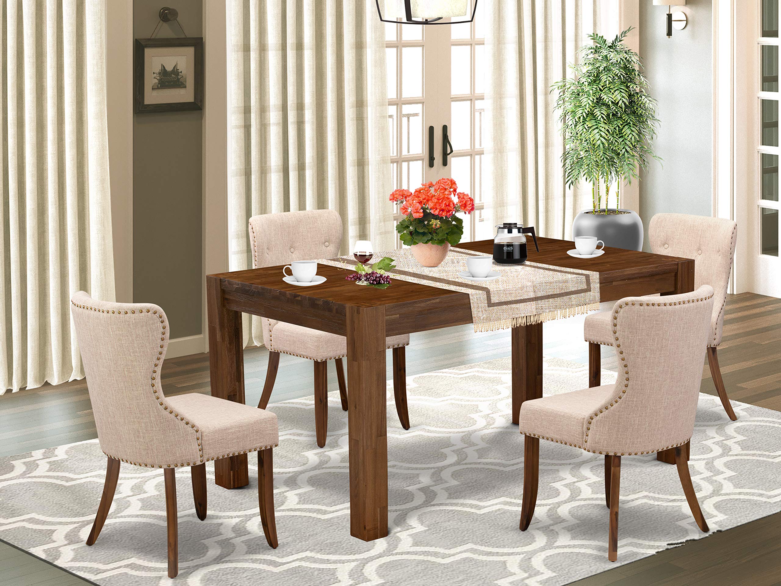 East West Furniture Cnsi5-N8-04 5 Piece Kitchen Table & Chairs Set Includes A Rectangle Rustic Wood Dining Table And 4 Light Tan Linen Fabric Upholstered Chairs, 36X60 Inch, Natural