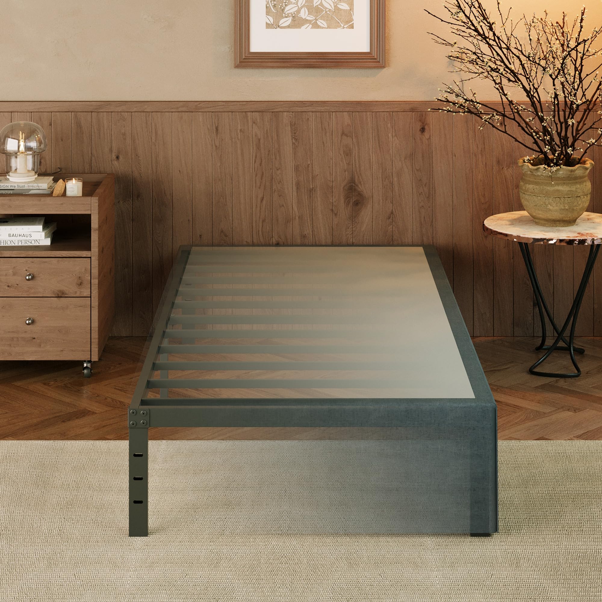 Emoda 14 Inch Twin Bed Frames With Cover Skirt, Heavy Duty Metal Twin Platform Bed Frame No Box Spring Needed, Noise Free, Easy Assembly