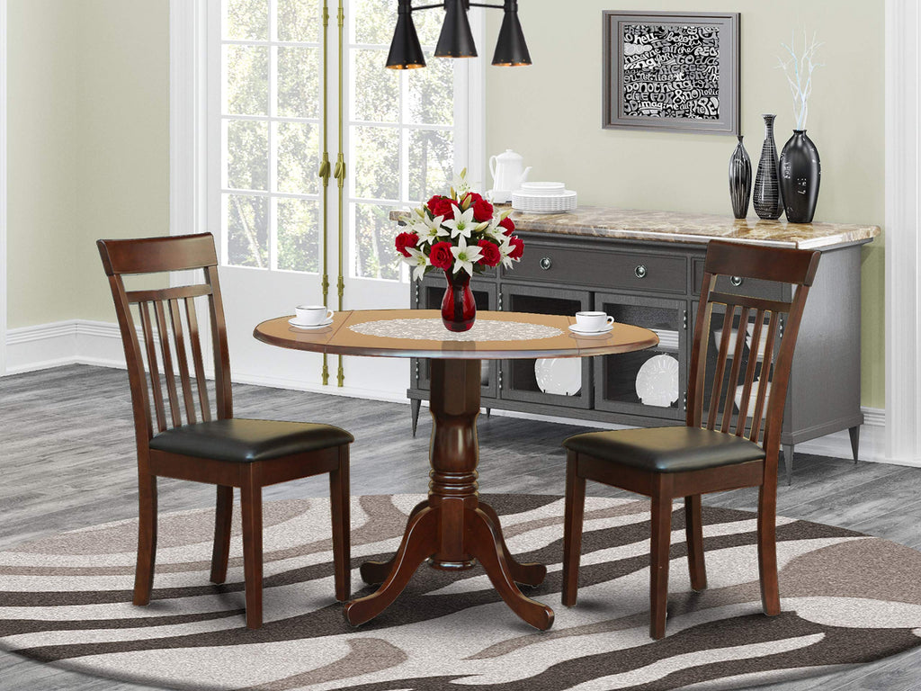 East West Furniture DLCA3-MAH-LC Dublin 3 Piece Set Contains a Round Dining Table with Dropleaf and 2 Faux Leather Kitchen Room Chairs, 42x42 Inch, Mahogany