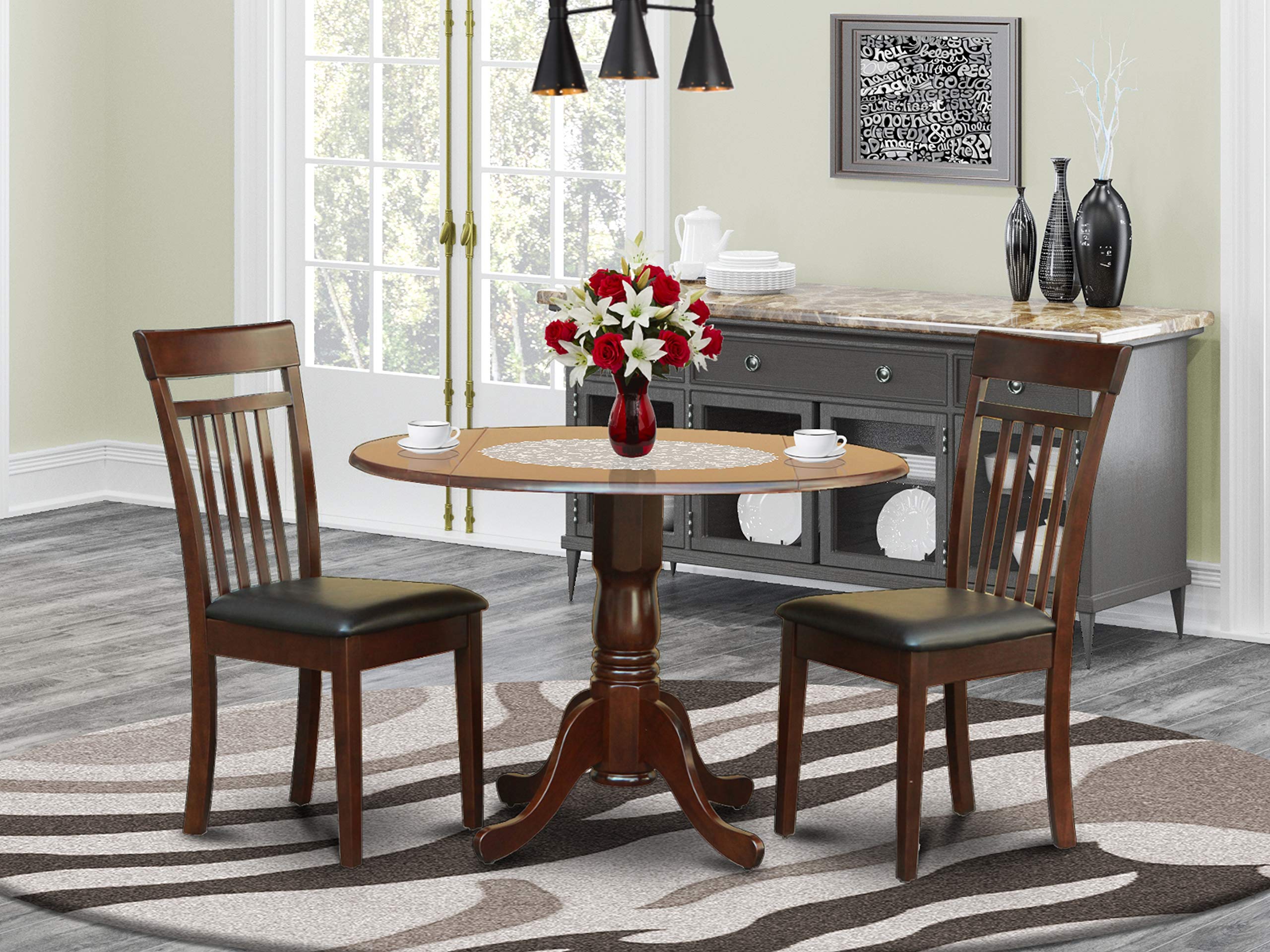 East West Furniture DLCA3-MAH-LC Dublin 3 Piece Set Contains a Round Dining Table with Dropleaf and 2 Faux Leather Kitchen Room Chairs, 42x42 Inch, Mahogany