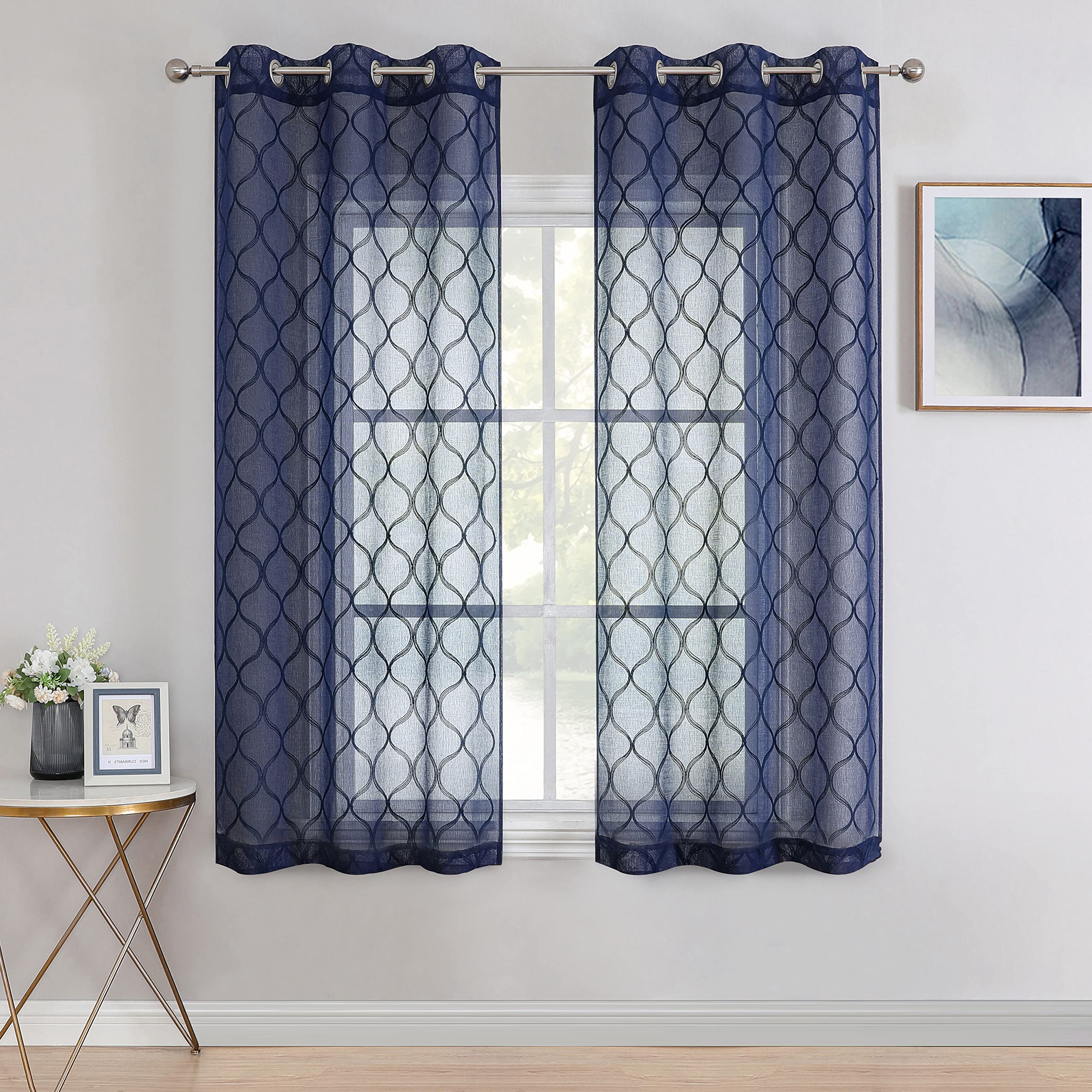 Bujasso Navy Blue Sheer Curtains 54 Inch Embroidery Geometric Light Filtering Short Curtain Panels For Living Room Kitchen Moder
