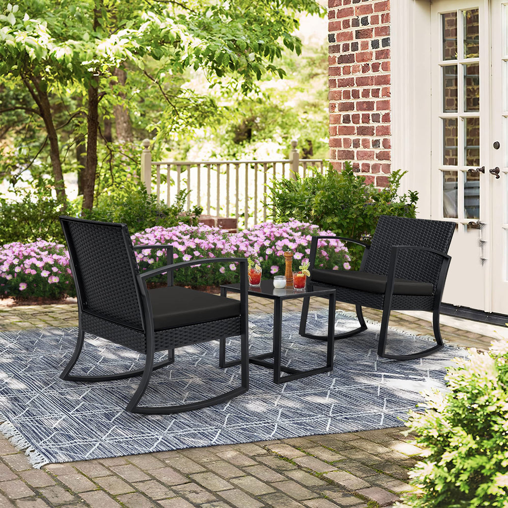 Greesum 3 Pieces Outdoor Furniture Set Patio Bistro Rocking Chairs And Glass Coffee Table, Black, Modern