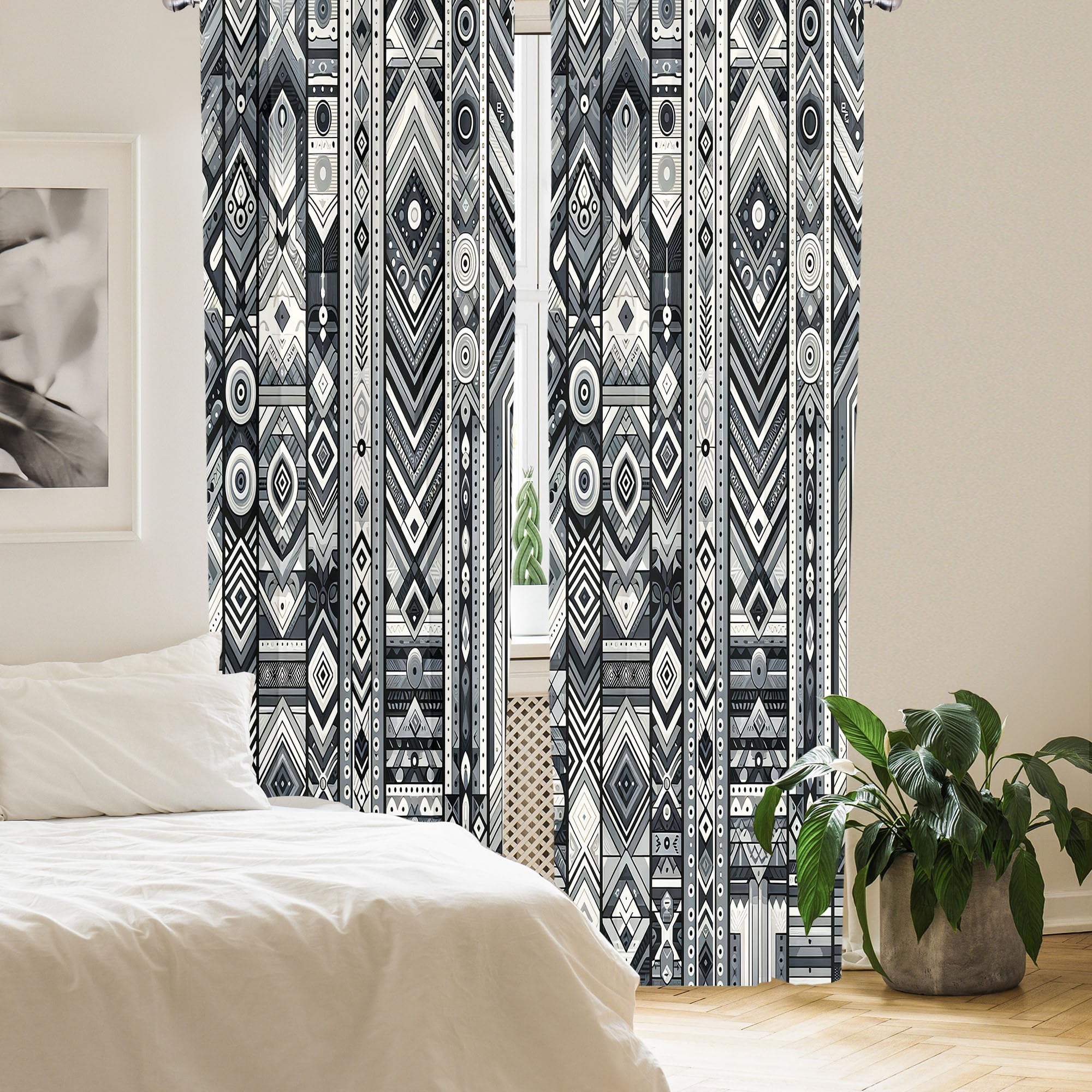 Ambesonne Southwestern Window Curtains, Monochrome Look Geometric Ethnic Tribal Stripes Abstract Motifs, Lightweight Decor 2-Pan