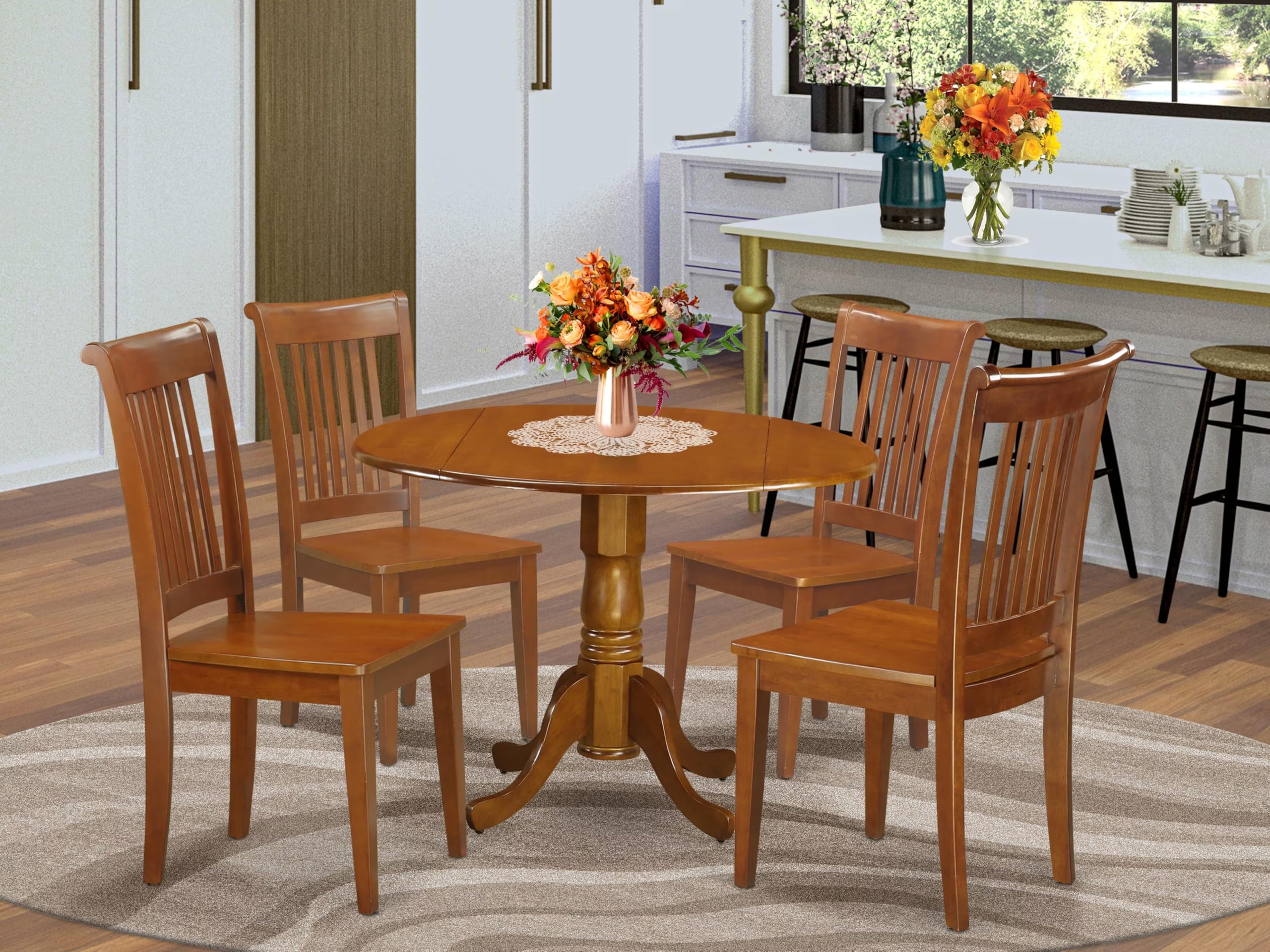 East West Furniture DLPO5-SBR-W 5 Piece Kitchen Table & Chairs Set Includes a Round Dining Table with Dropleaf and 4 Dining Room Chairs, 42x42 Inch, Saddle Brown