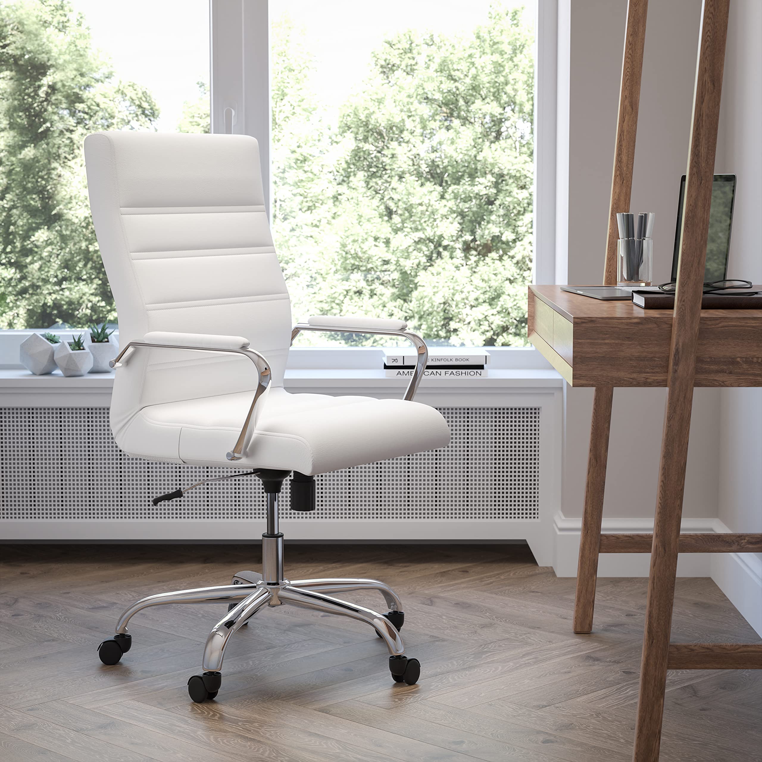 Emma + Oliver High Back White Leathersoft Executive Swivel Office Chair With Chrome Frame/Arms