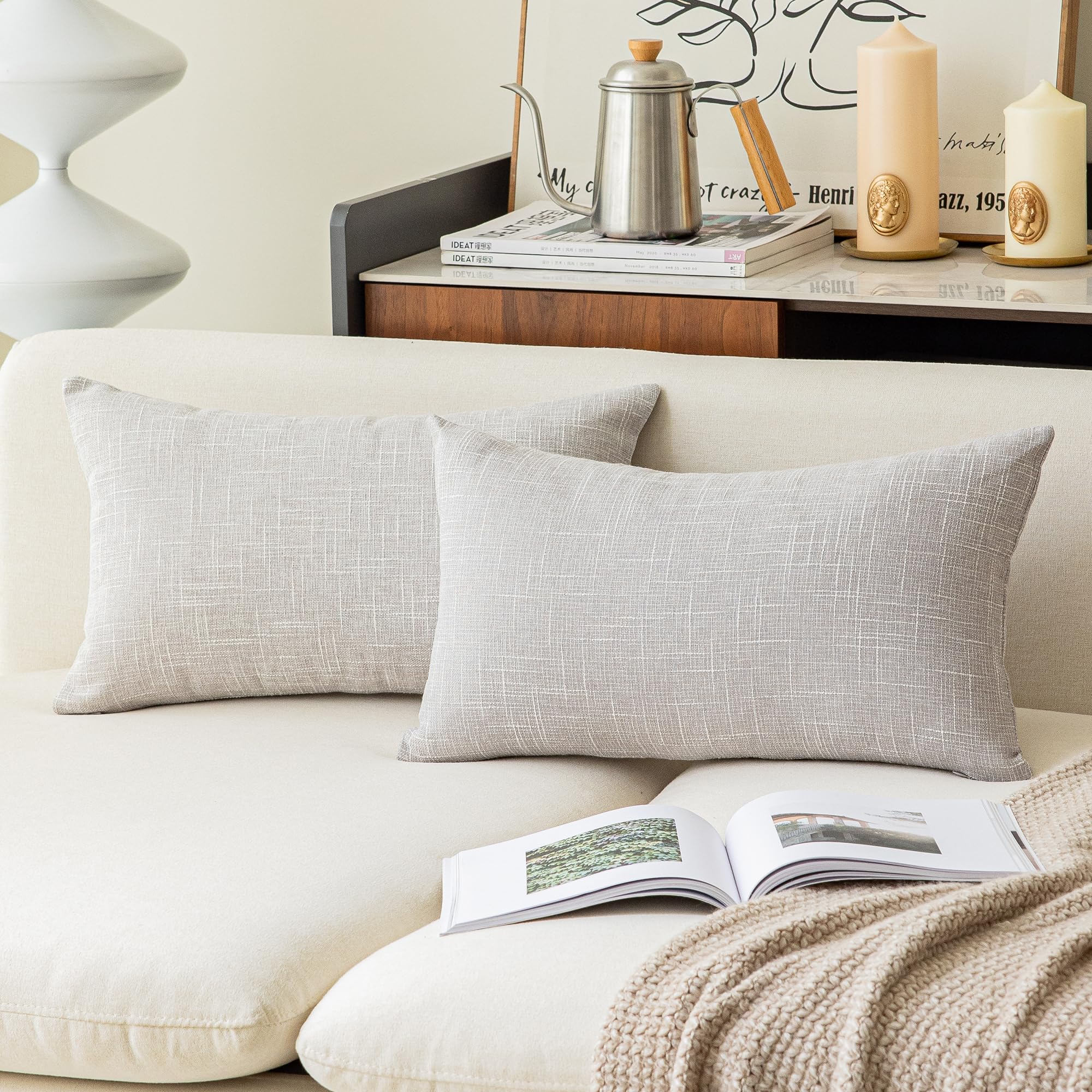 Kevin Textile Decorative Super Soft Lumbar Throw Pillow Cover Cushion Case, 2 Pieces, (12 X 20 Inch, Grey White)