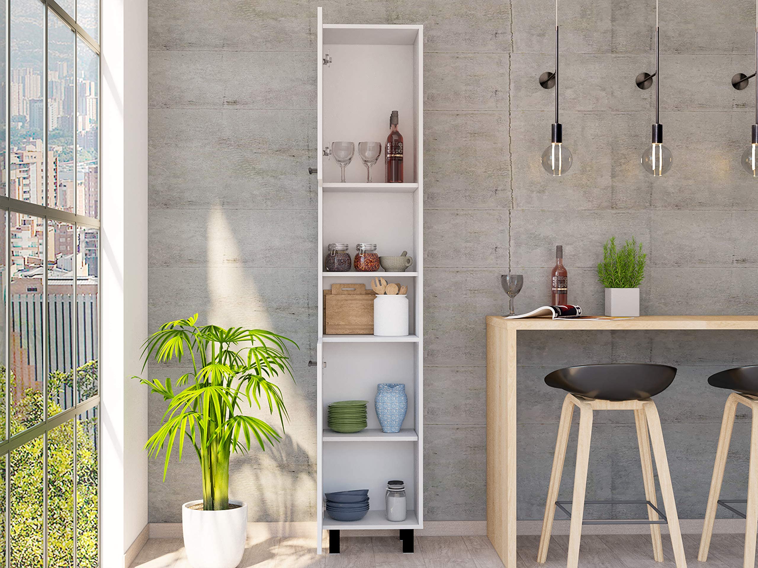 Kitchen Pantry 79&quot; H, 2 Open Storage Shelves, 3 Internal Shelves, 2 Doors, 4 Legs, White