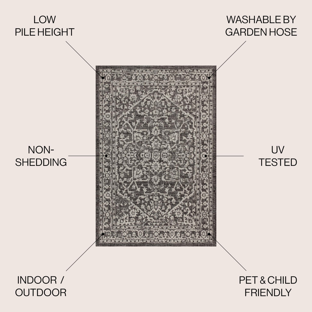 Jonathan Y Smb104C-8 Malta Bohemian Medallion Textured Weave Indoor Outdoor Area -Rug, Coastal, Traditional, Transitional Easy -Cleaning,Bedroom,Kitchen,Backyard,Patio,Non Shedding, Black/Gray, 8 X 10