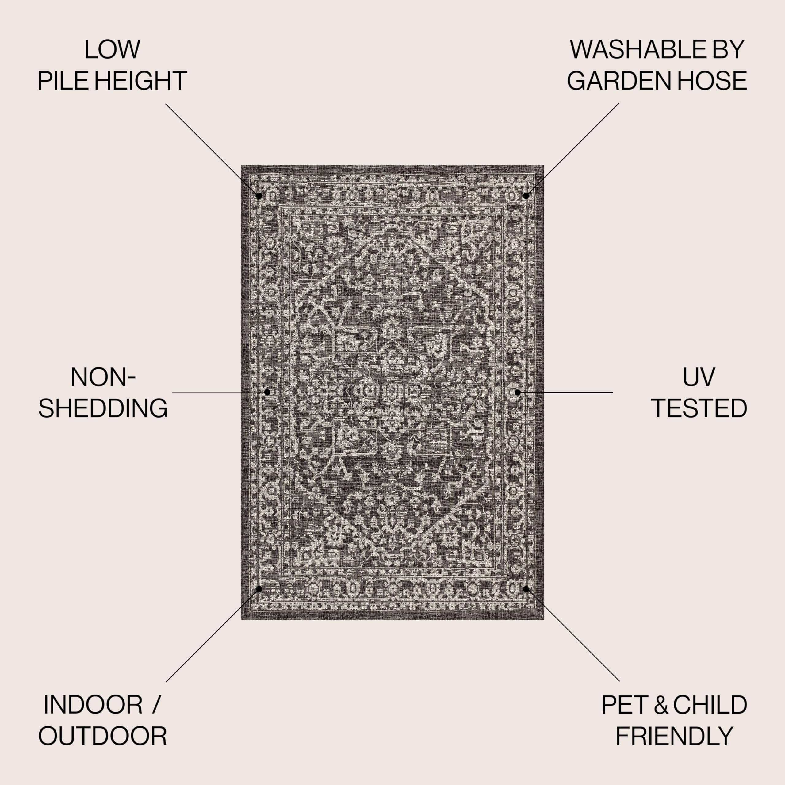 Jonathan Y Smb104C-8 Malta Bohemian Medallion Textured Weave Indoor Outdoor Area -Rug, Coastal, Traditional, Transitional Easy -Cleaning,Bedroom,Kitchen,Backyard,Patio,Non Shedding, Black/Gray, 8 X 10