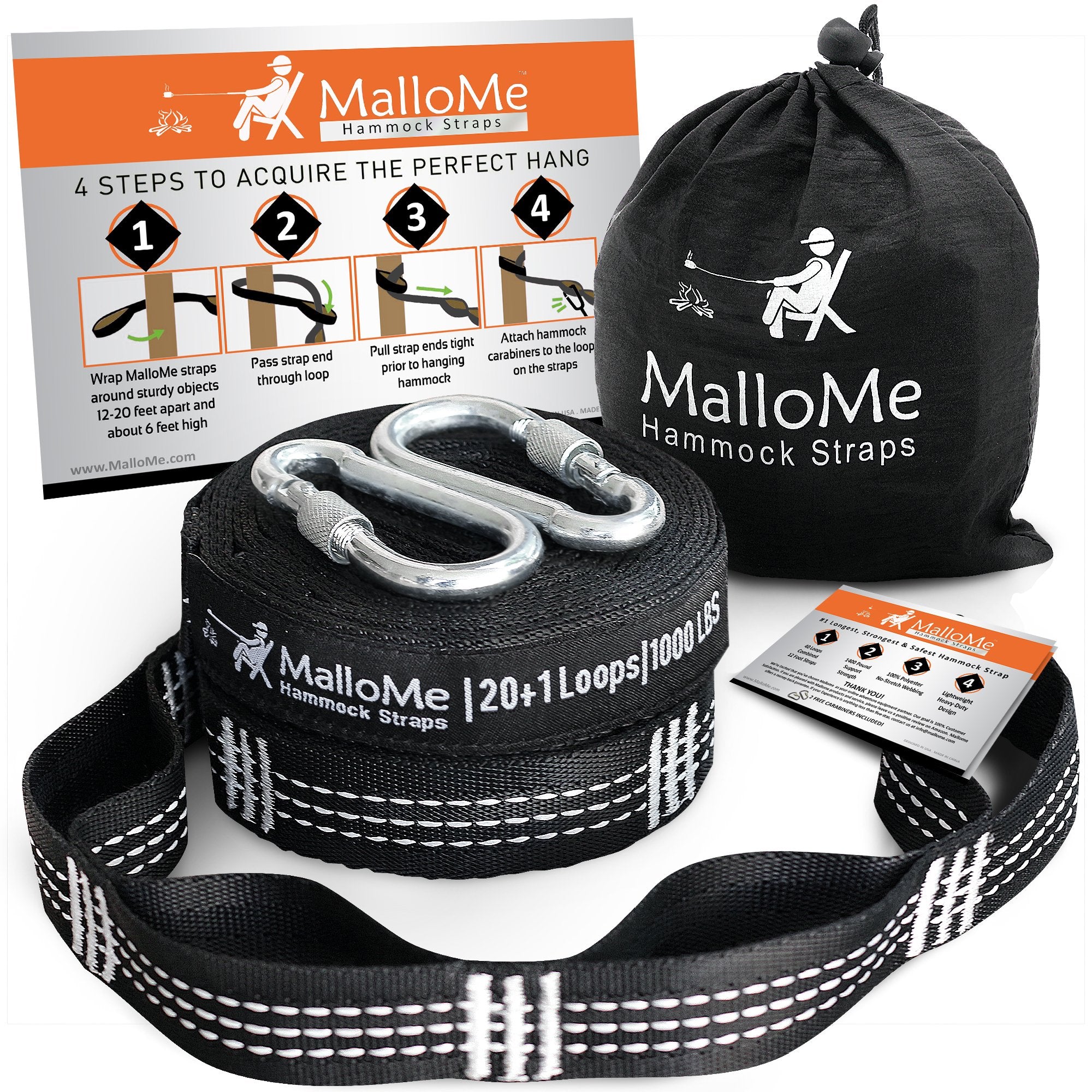 Mallome Xl Hammock Straps - Hammock Tree Straps Set 2000+ Lbs Heavy Duty 40 Loops & 100% No Stretch Suspension System Kit - Camp