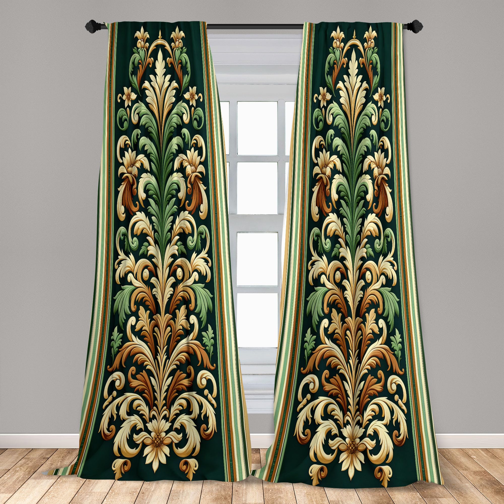 Ambesonne Leafy Art Window Curtains Pack Of 2, Modern Illustration Of Baroque Leaves With Pastel Tones Victorian, Lightweight Se