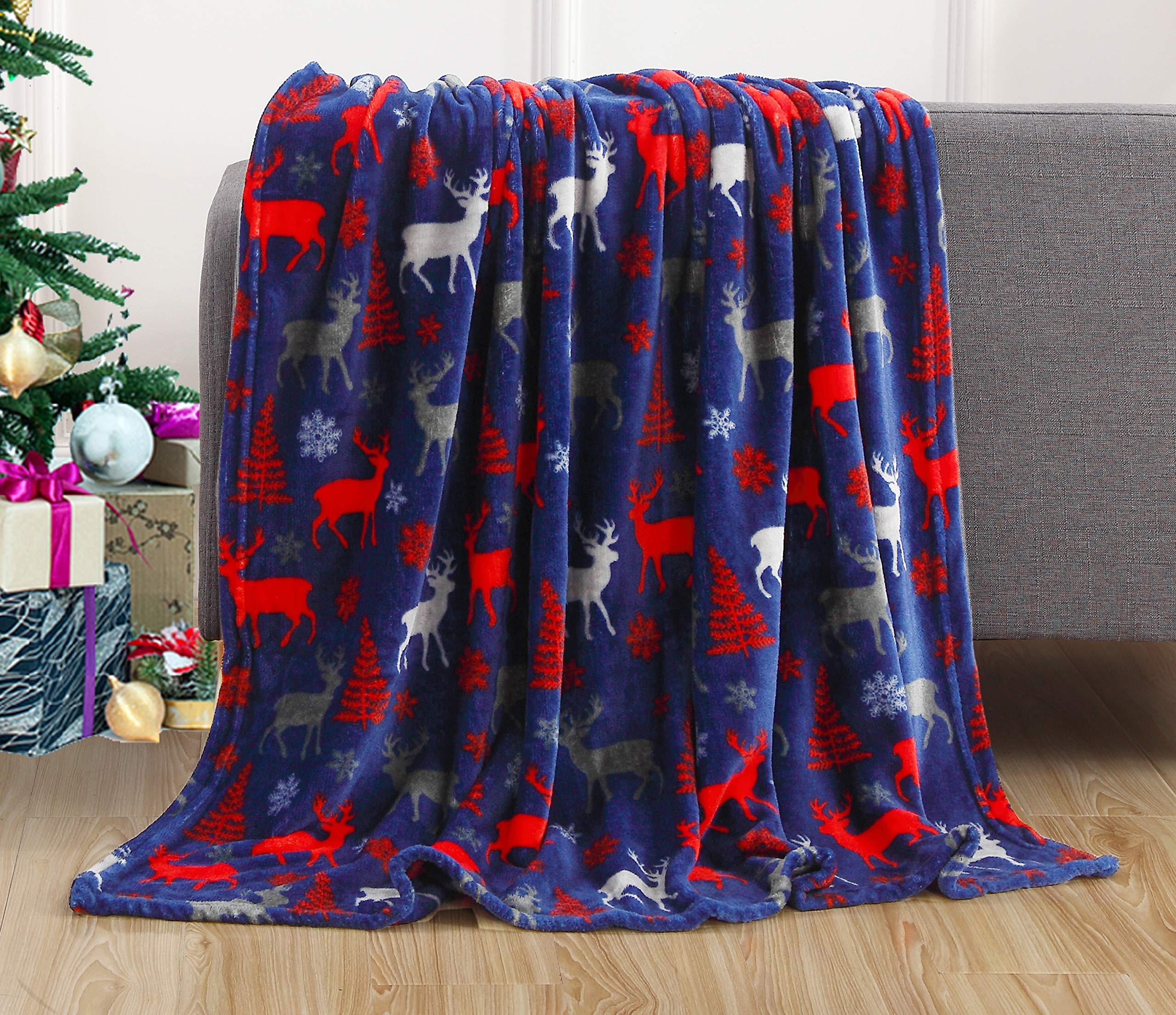 Elegant Comfort Velvet Touch Ultra Plush Christmas Holiday Printed Fleece Throw/Blanket-50 X 60Inch, (Moose)