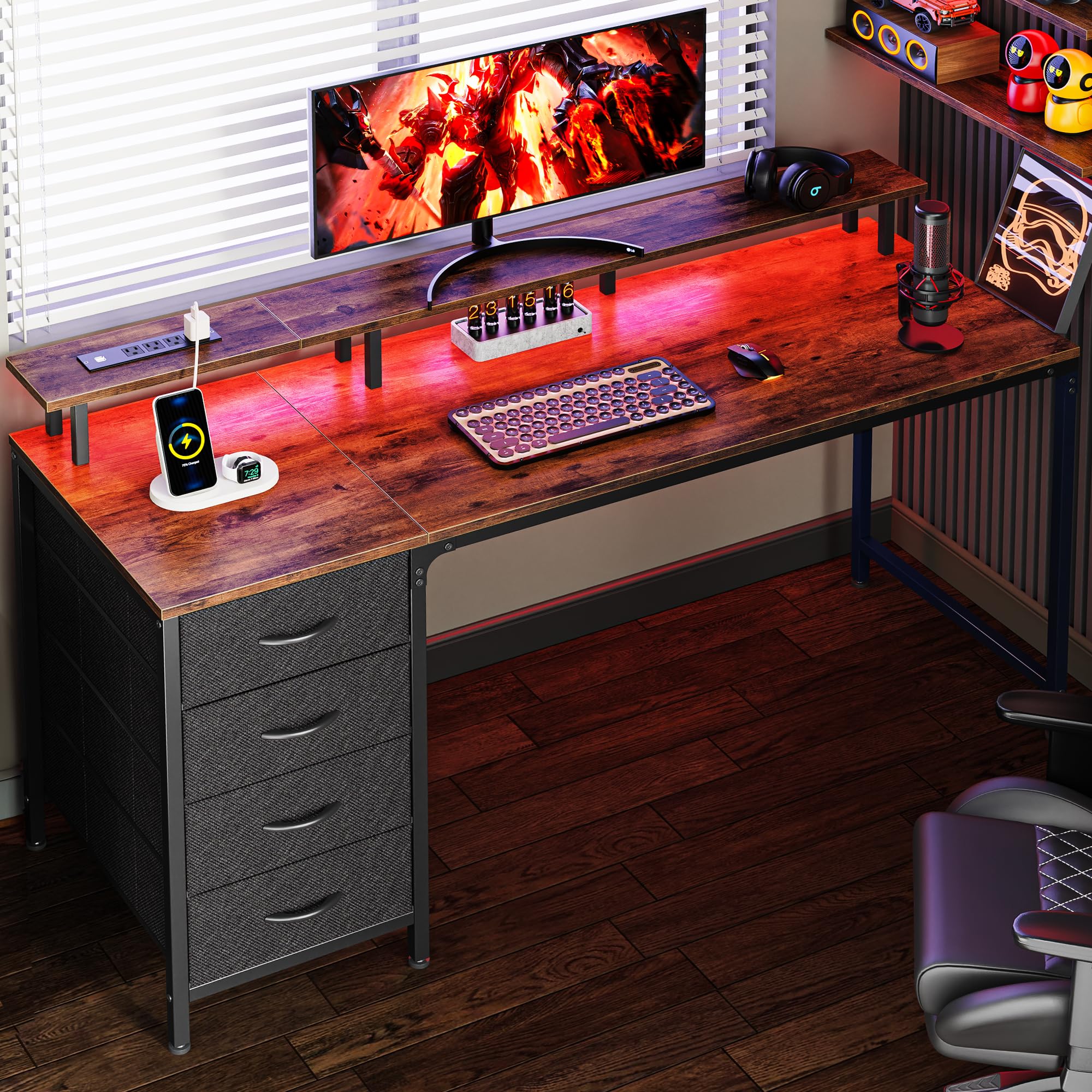 Huuger 55 Inch Computer Desk With Power Outlets And Led Lights, Gaming Desk With 4 Drawers, Office Desk With Monitor Stand, Study Desk Work Desk For Home Office, Rustic Brown