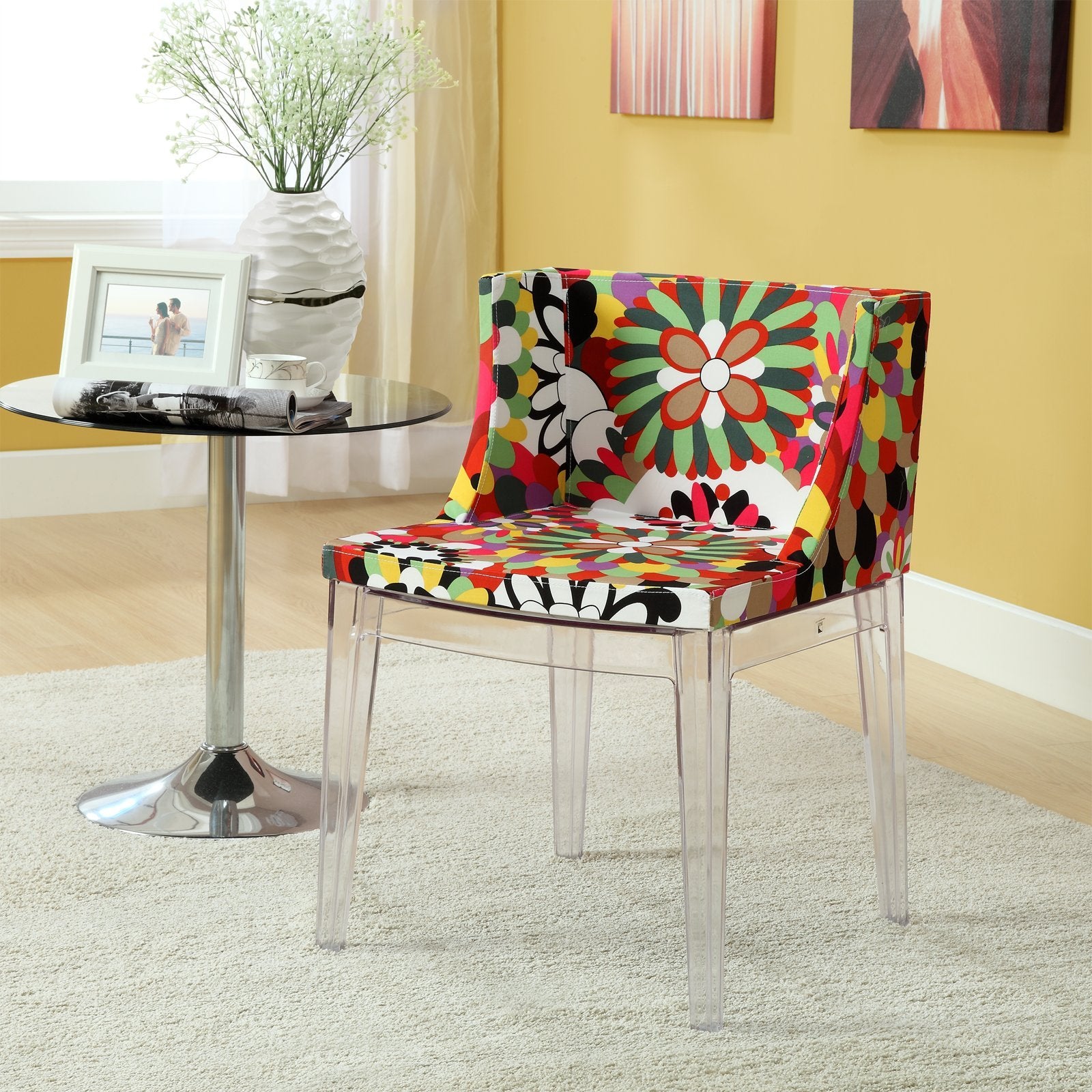Modway Flower Vintage Modern Acrylic Upholstered Fabric Kitchen and Dining Room Chair in Clear