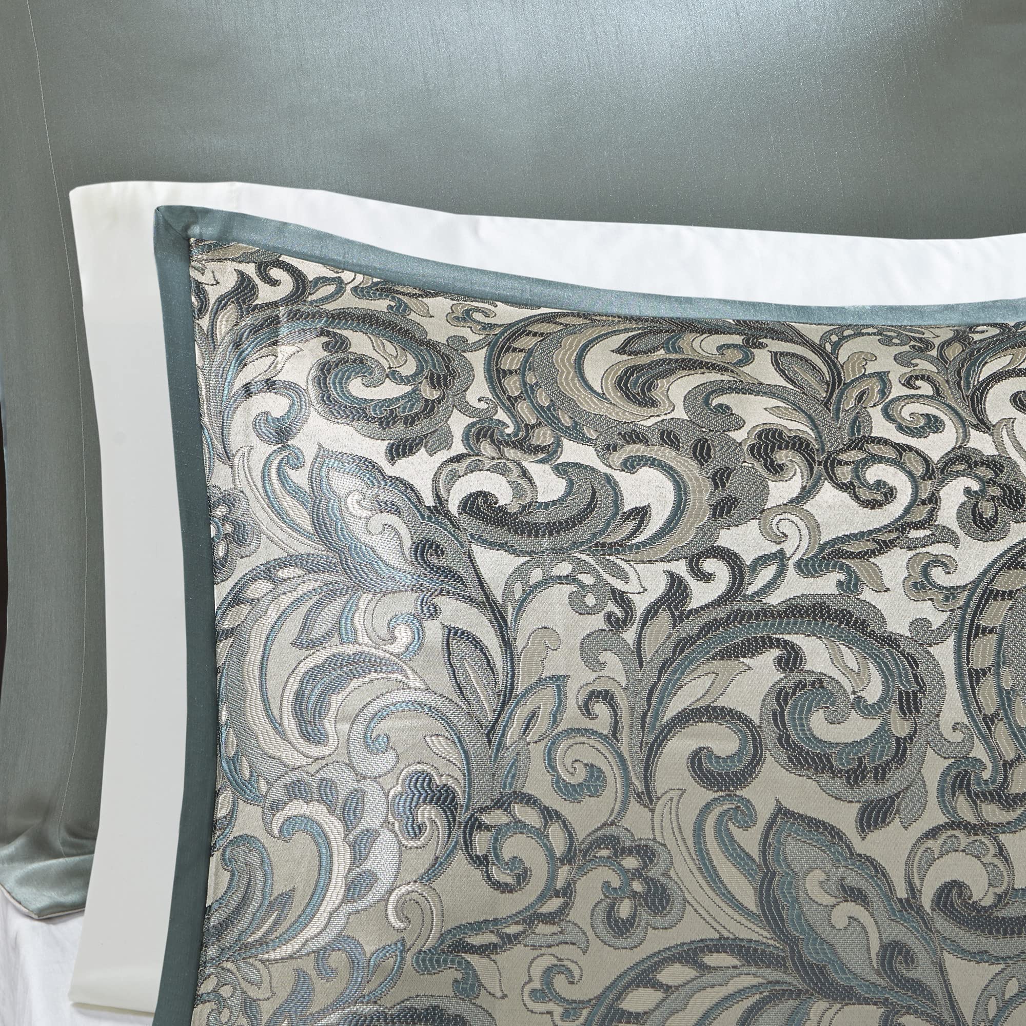 Madison Park Essentials Brystol 24 Piece Room In A Bag Faux Silk Comforter Jacquard Paisley Design Matching Curtains - Down Alternative Hypoallergenic All Season Bedding-Set, Cal King, Teal 24 Piece