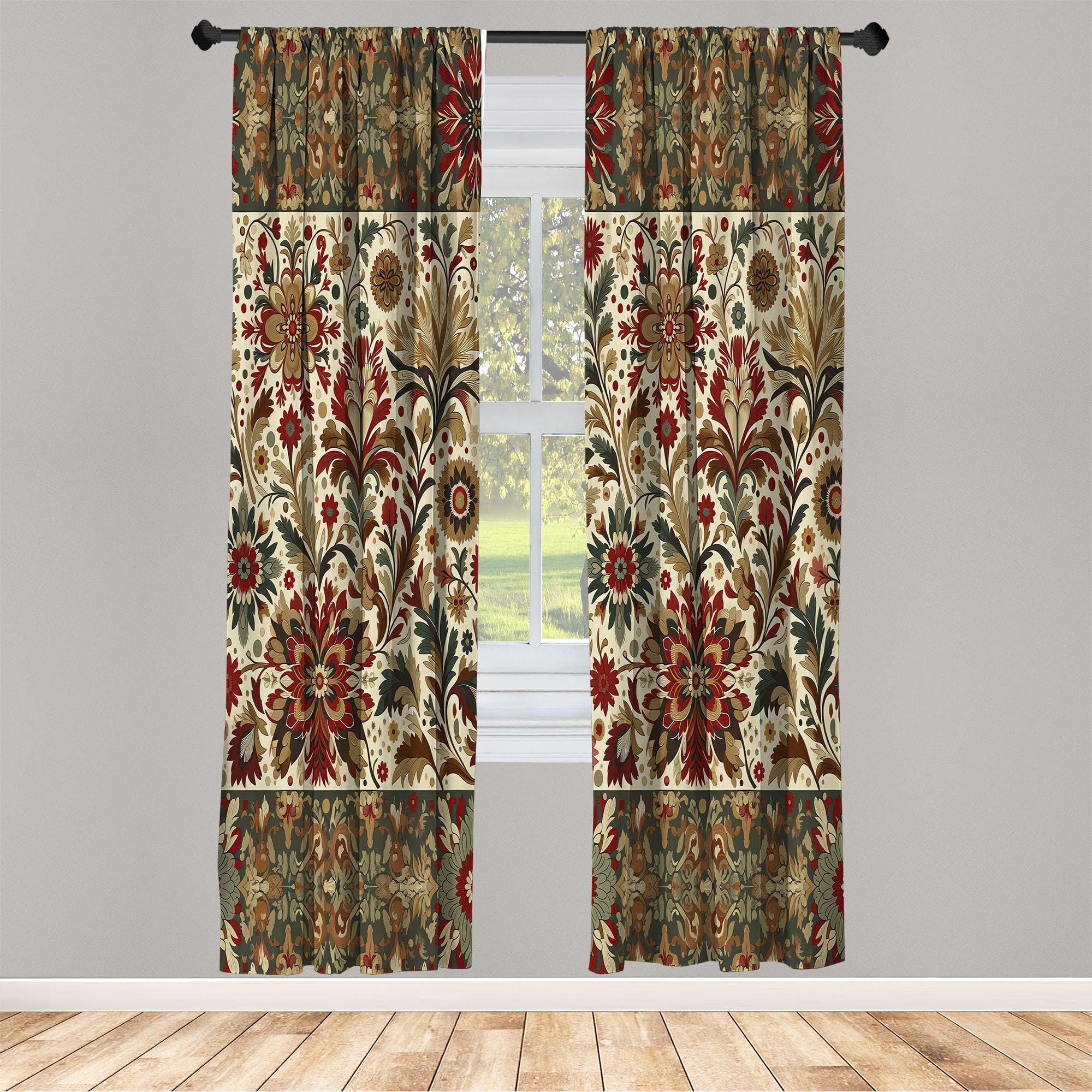 Ambesonne Floral Art Curtains, Ethnic Oriental Curlicue Leaves Greenery With Trippy Flowers Bohemian, Window Treatments 2 Panel