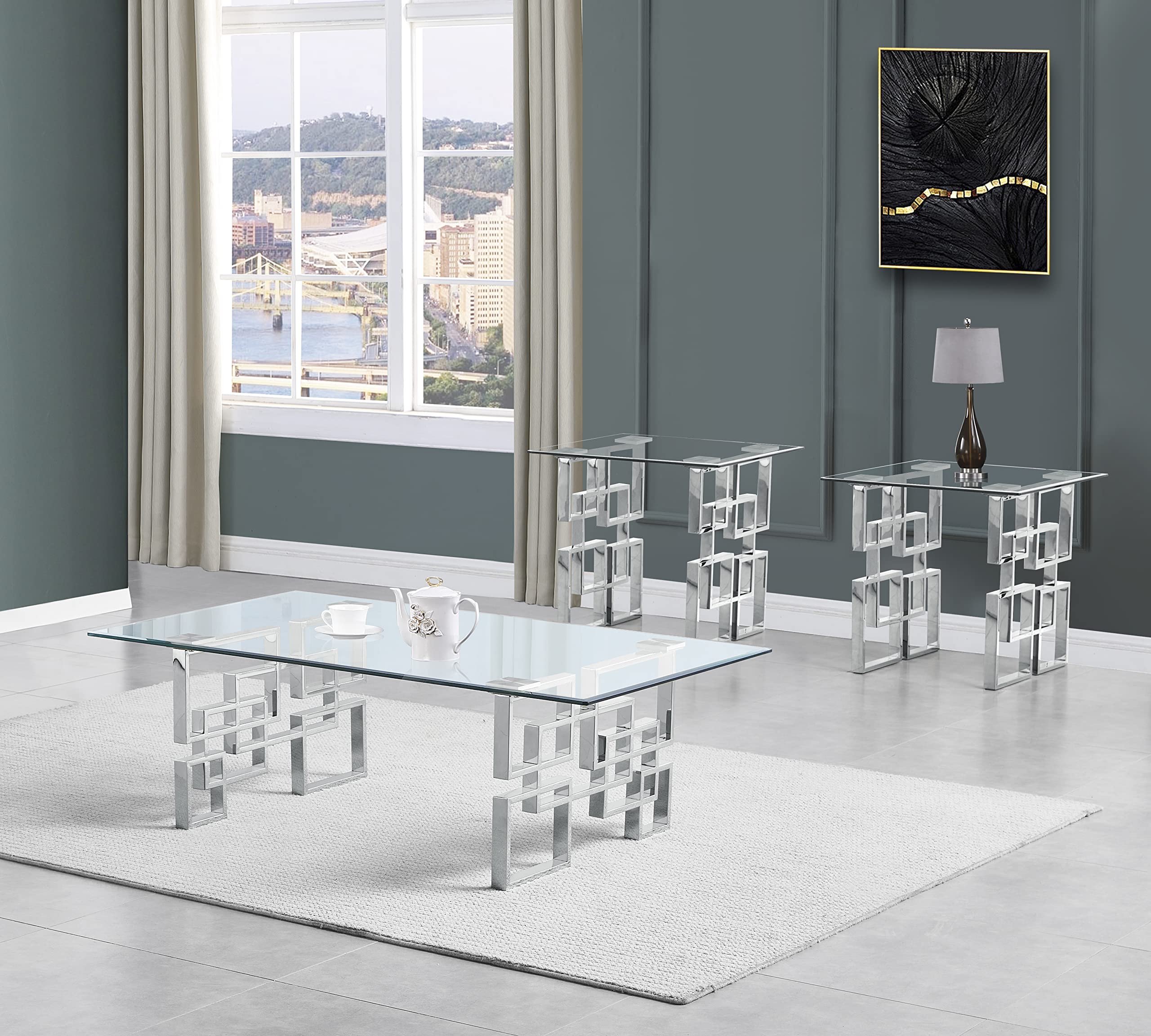 Best Quality Furniture CT233-4-4 Coffee Table Set, Silver