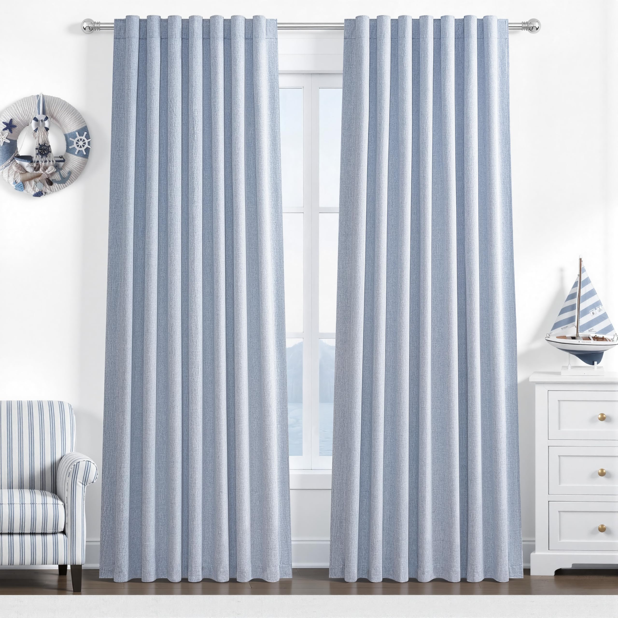 Dusty Blue Blackout Nursery Curtains 84 Inch Length for Kids/Boys Rooms/Bedroom, Floor to Ceiling Track Pleated Window Drapes wi