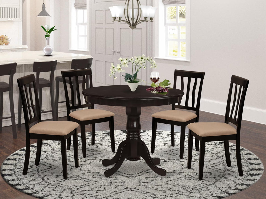 East West Furniture ANTI5-CAP-C 5 Piece Kitchen Table & Chairs Set Includes a Round Dining Room Table with Pedestal and 4 Linen Fabric Upholstered Dining Chairs, 36x36 Inch, Cappuccino