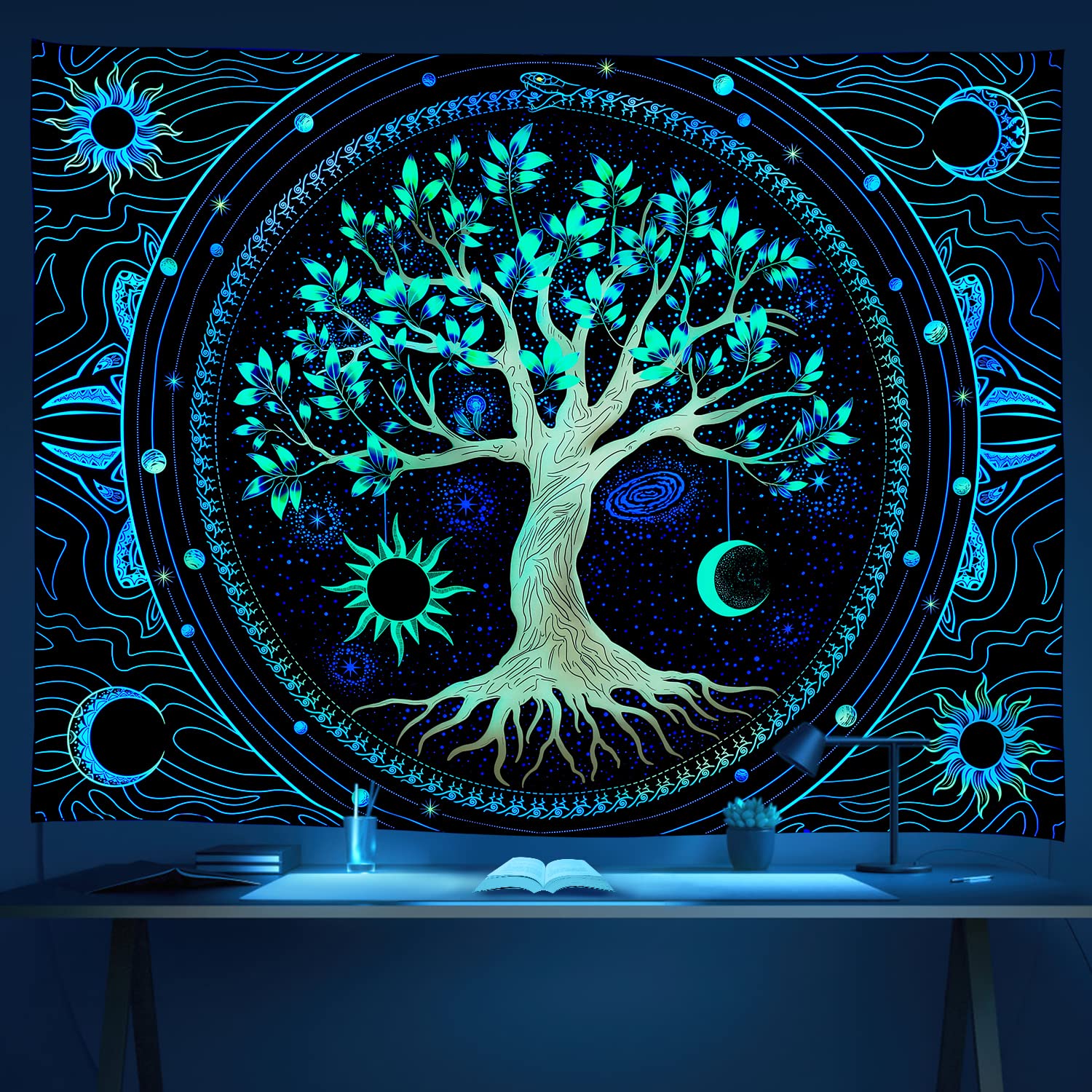 Fly Spray Tapestry For Bedroom Aesthetic Black Light Tree Of Life Tapestry Uv Reactive Colorful Trippy Wall Tapestry Hippie Sun