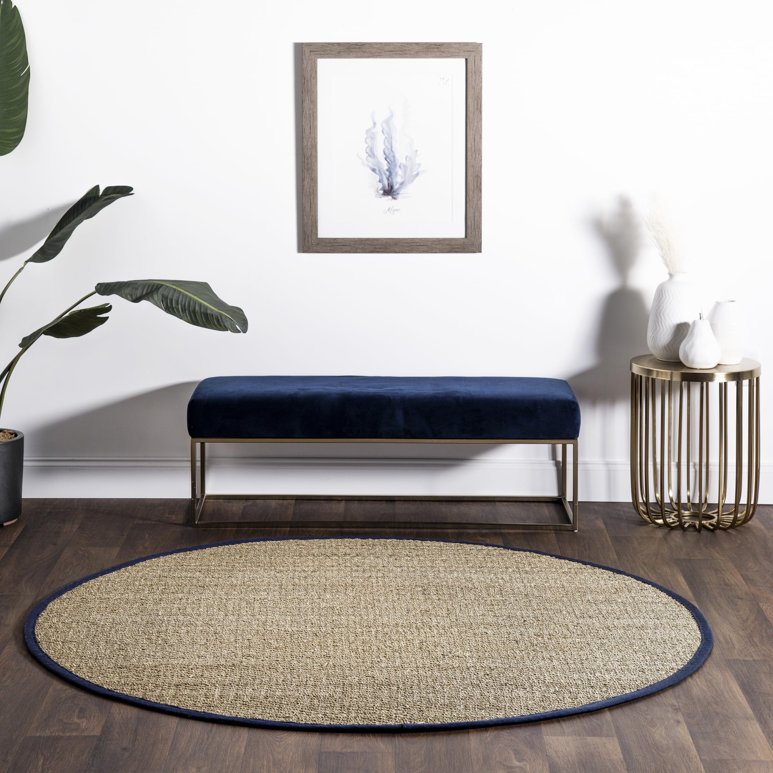 nuLOOM 4 Round Elijah Seagrass Area Rug, Navy, Solid Farmhouse Style, Cotton Bordered, Basketweave, Natural Fiber, For Bedroom, 