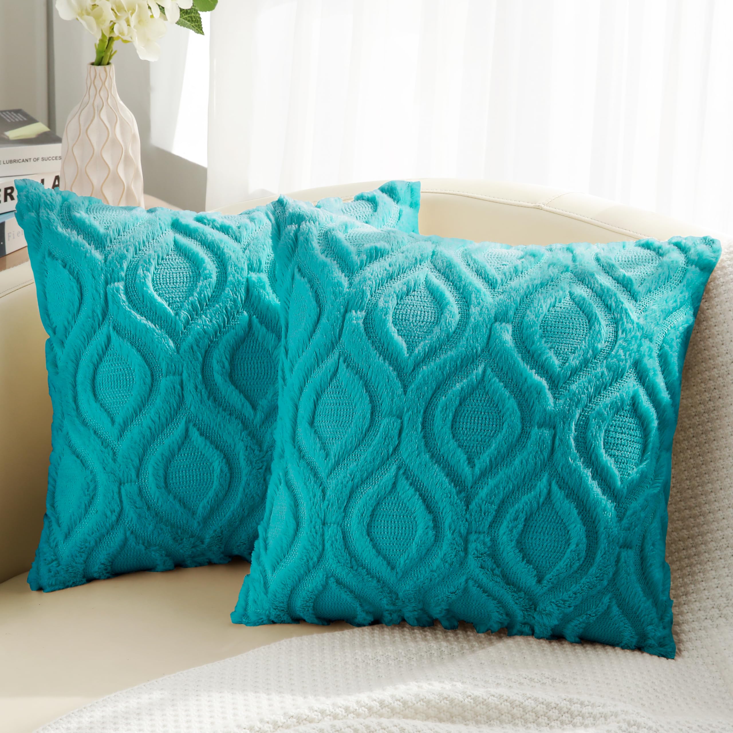 Decoruhome Decorative Throw Pillow Covers 20X20, Soft Plush Faux Wool Couch Pillow Covers For Home, Set Of 2, Turquoise