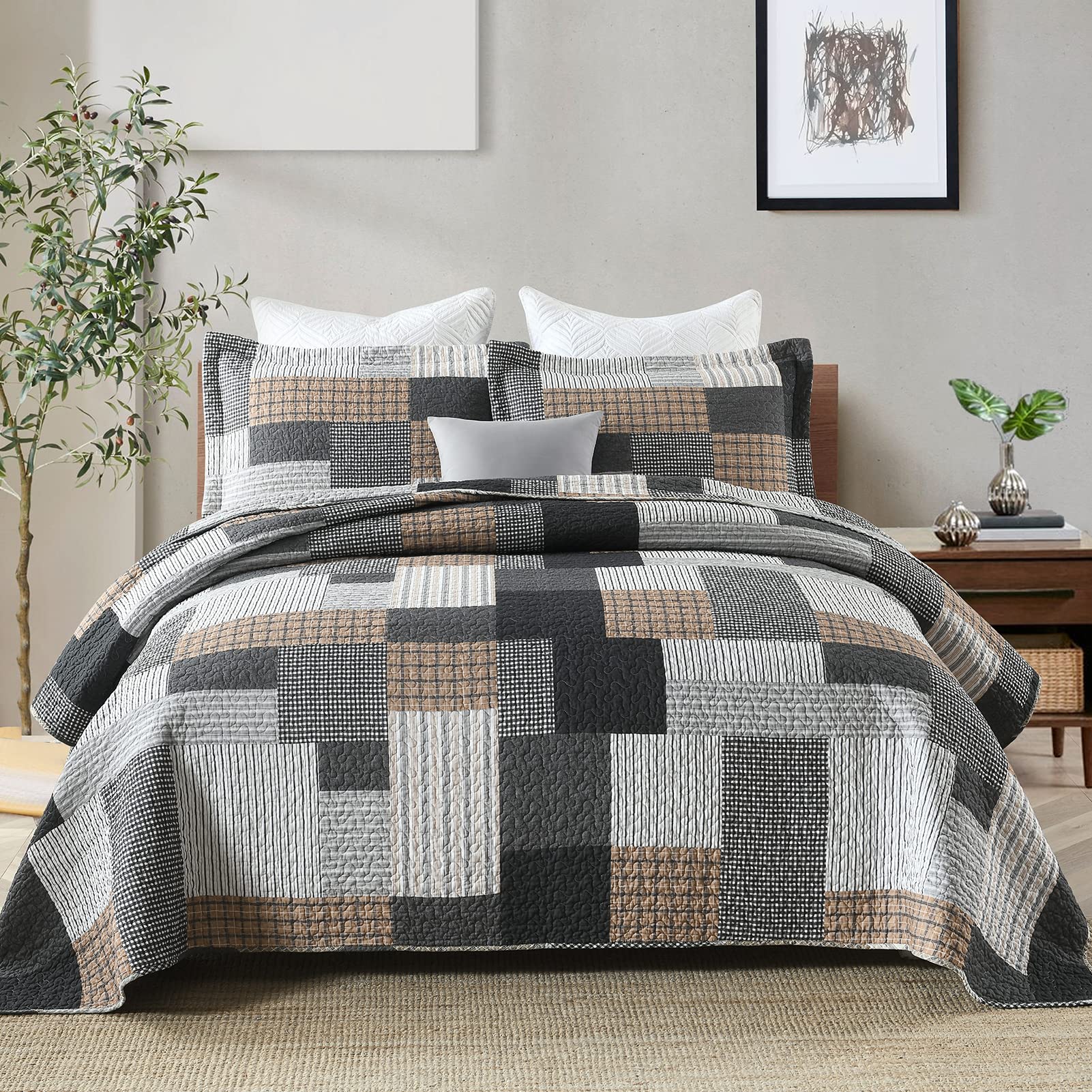 Sahsahcasa Quilt Set King Size, 100% Cotton Bedding Set Bedspreads, Farmhouse Patchwork Quilt, Plaid Reversible Lightweight Rust