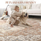 Dticon Washable Rug 9X12 Area Rugs: Boho Vintage Distressed Oriental Medallion Neutral Thin Large Rug Carpet For Living Room Bed