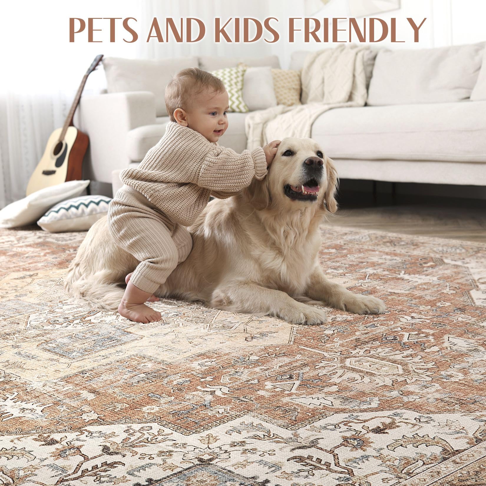 Dticon Washable Rug 9X12 Area Rugs: Boho Vintage Distressed Oriental Medallion Neutral Thin Large Rug Carpet For Living Room Bed