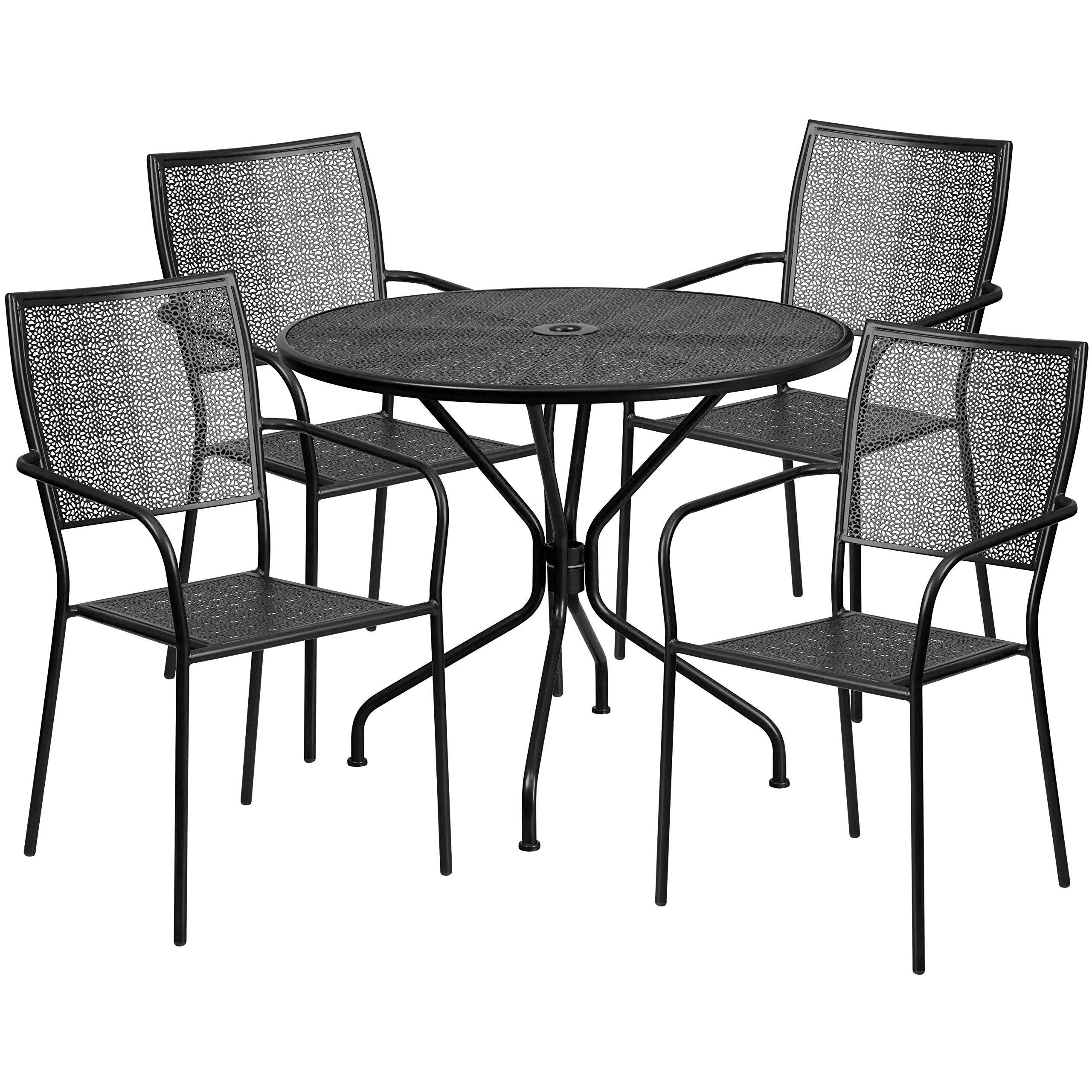 Flash Furniture Oia Commercial Grade 35.25' Round Black Indoor-Outdoor Steel Patio Table Set With 4 Square Back Chairs