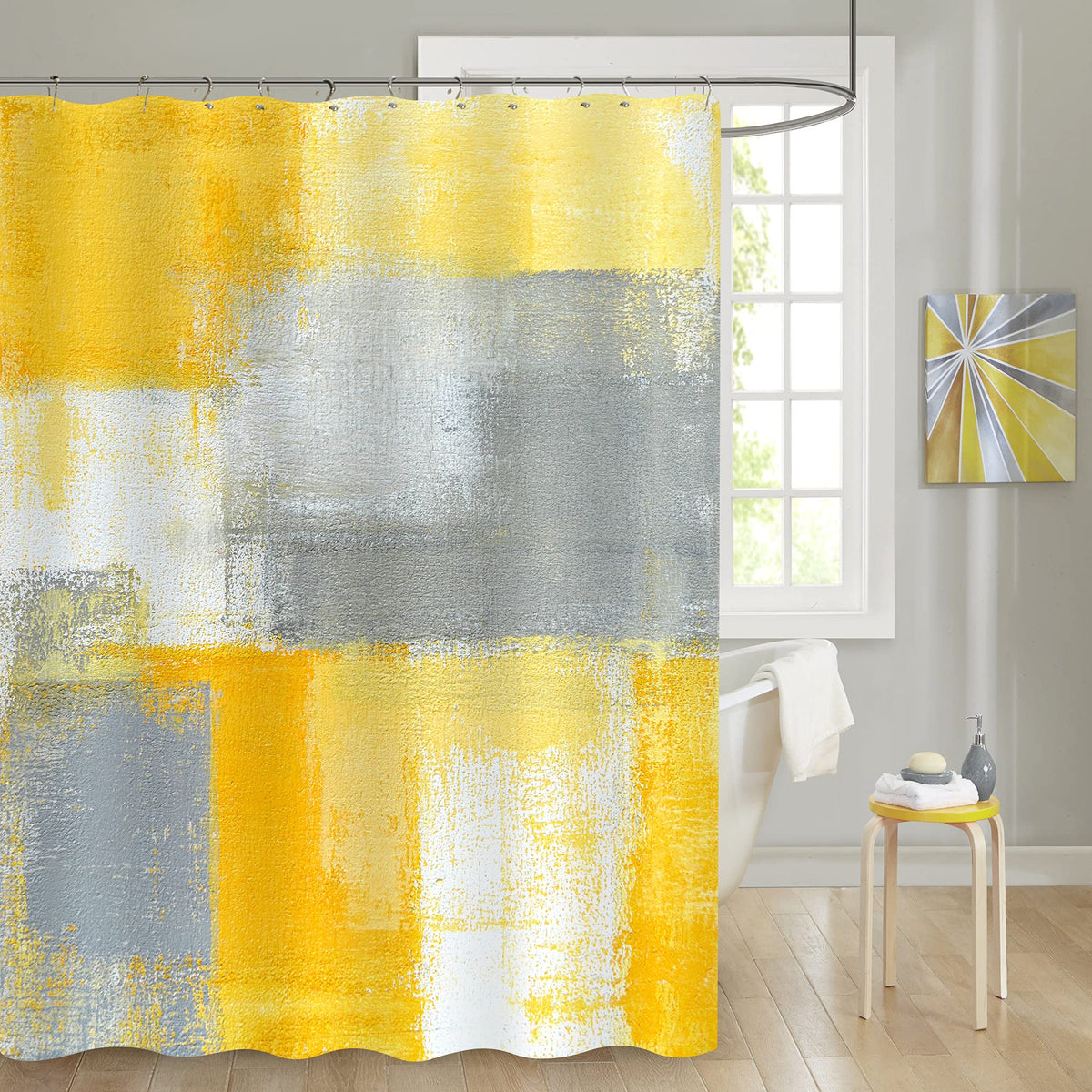 Mitovilla Yellow Ombre Shower Curtains For Rustic Abstract Bathroom Decor, Mustard Yellow Grey Style Art Paint Brush Bathtub Dec