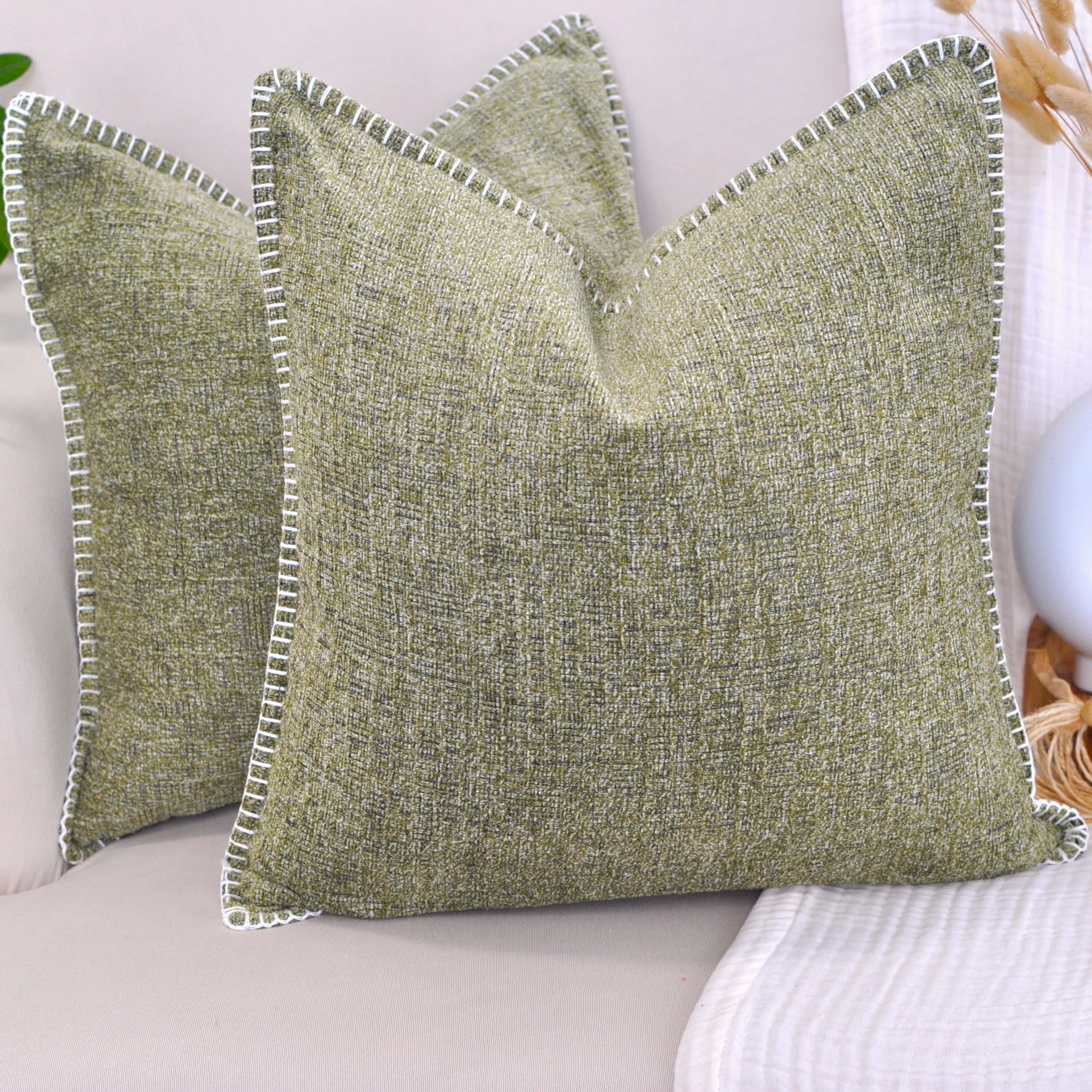 18X18 Pillow Covers For Couch Pillows Light Olive Green Set Of 2, Decorative Stitched Border Soft Textured Cozy Chenille Cushion