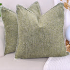 18X18 Pillow Covers For Couch Pillows Light Olive Green Set Of 2, Decorative Stitched Border Soft Textured Cozy Chenille Cushion