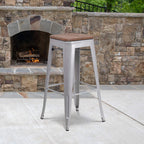 Flash Furniture Lily 30" High Backless Silver Metal Barstool with Square Wood Seat