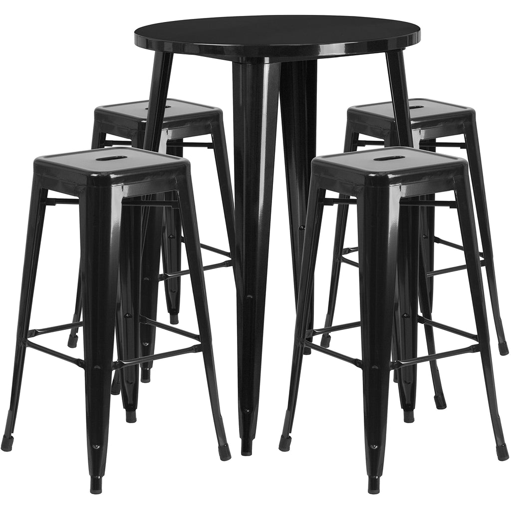 Flash Furniture Commercial Grade 30" Round Black Metal Indoor-Outdoor Bar Table Set with 4 Square Seat Backless Stools