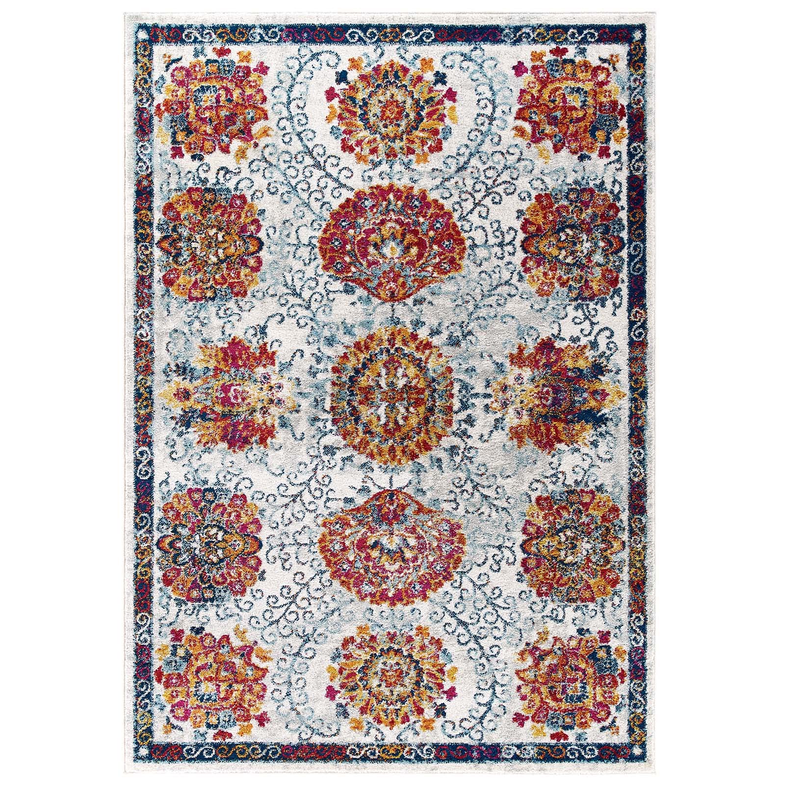 Modway Entourage Kensie Distressed Moroccan Trellis 8X10 Area Rug In Ivory, Blue, Red,Orange,Yellow