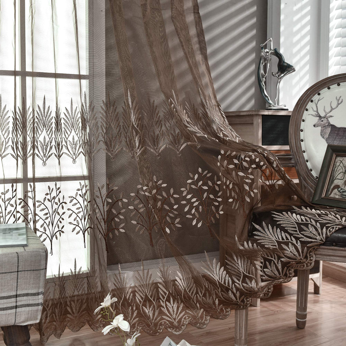 Donren Luxury Brown Sheer Curtains For Living Room - Leaf Embroidery Sheer Curtain Panels For Bedroom (W 52 X L 96 Inch,2 Panels