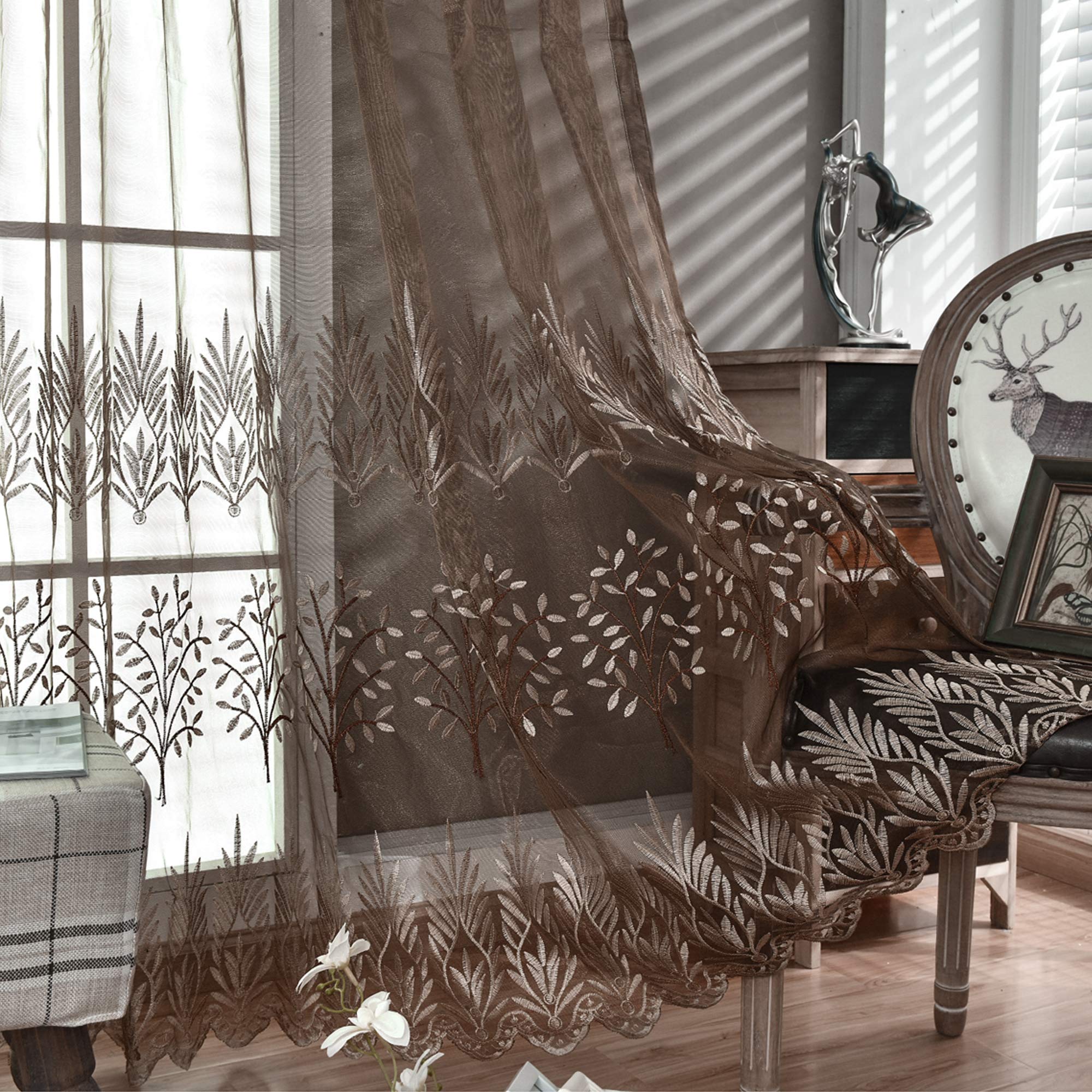 Donren Luxury Brown Sheer Curtains For Living Room - Leaf Embroidery Sheer Curtain Panels For Bedroom (W 52 X L 96 Inch,2 Panels
