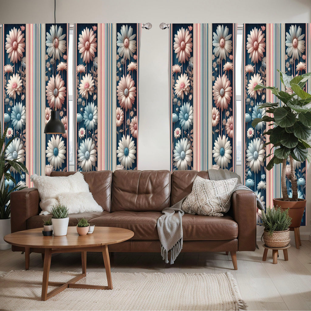 Ambesonne Floral Window Curtains Pack Of 2, Nostalgic Garden With Vintage Daisy Flowers And Bicolour Soft Stripes, Lightweight S