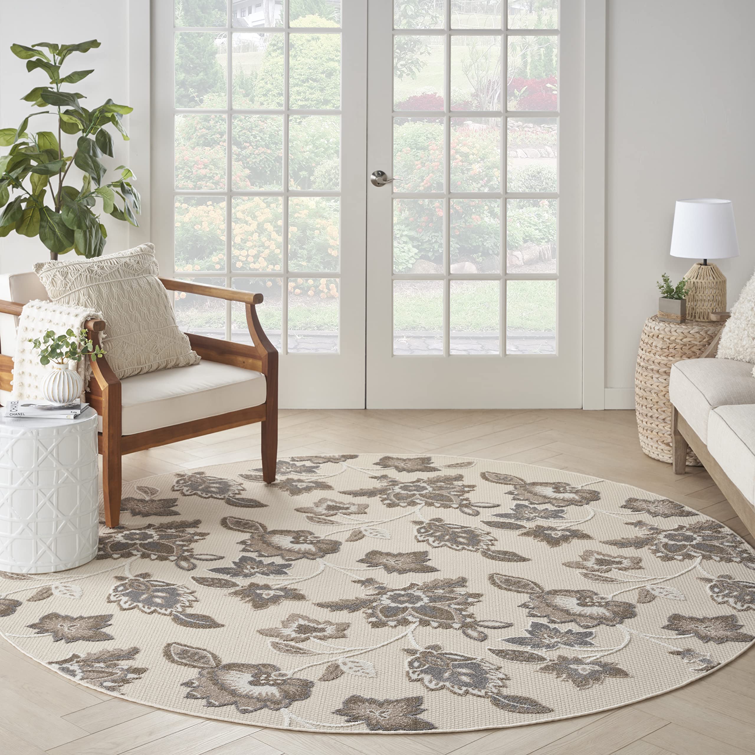 Nourison Aloha Indoor-Outdoor Beige 7?0?X Round Area Rug, Easy Cleaning, Non Shedding, Bed Room, Living Room, Dining Room, Backyard, Deck, Patio (8 Round)