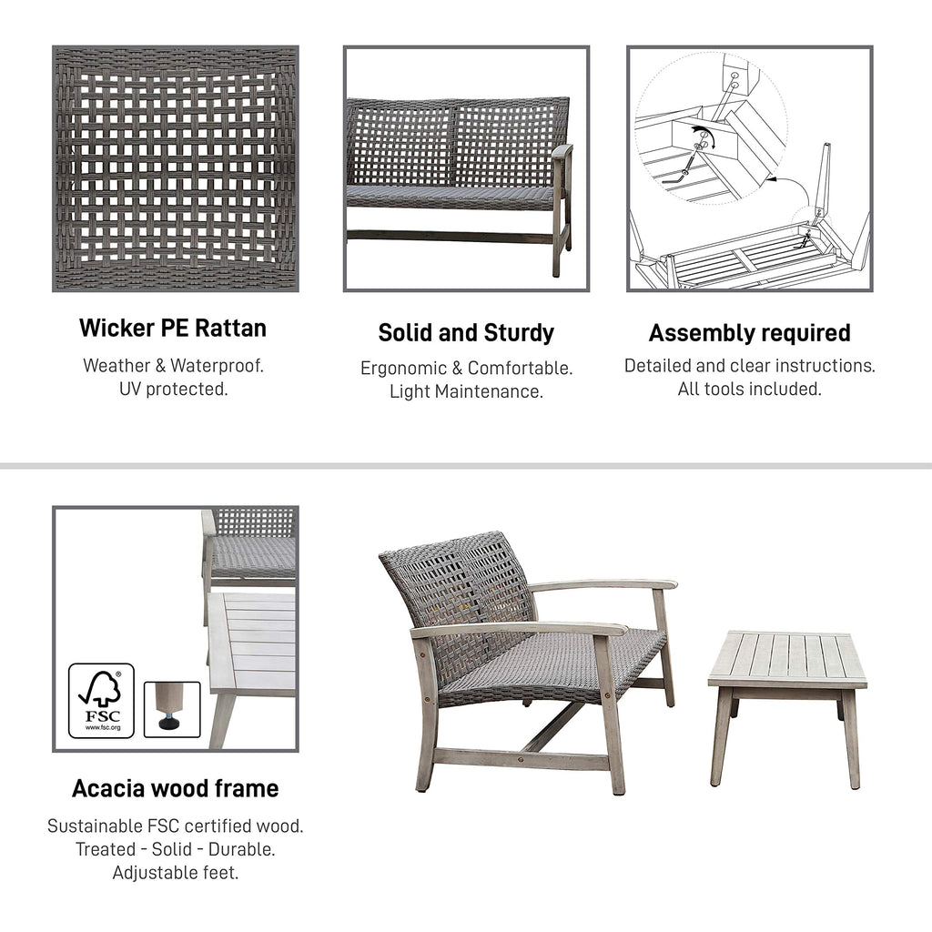 Dukap Monterosso 2 Piece Patio Sofa Seating Set And Table, Outdoor Conversation Seats With Weather And Water Resistance, Spacious Porch Furniture For Ultimate Comfort, Light Grey